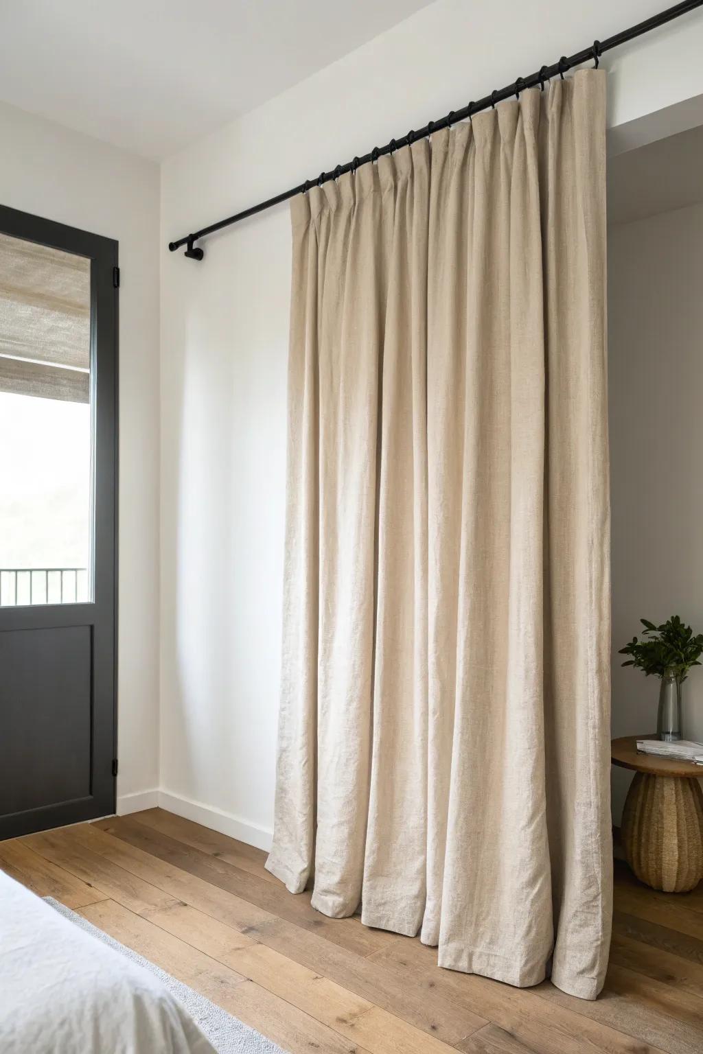 A zero-footprint linen curtain closet door—soft, minimal, and perfect for tiny rooms.