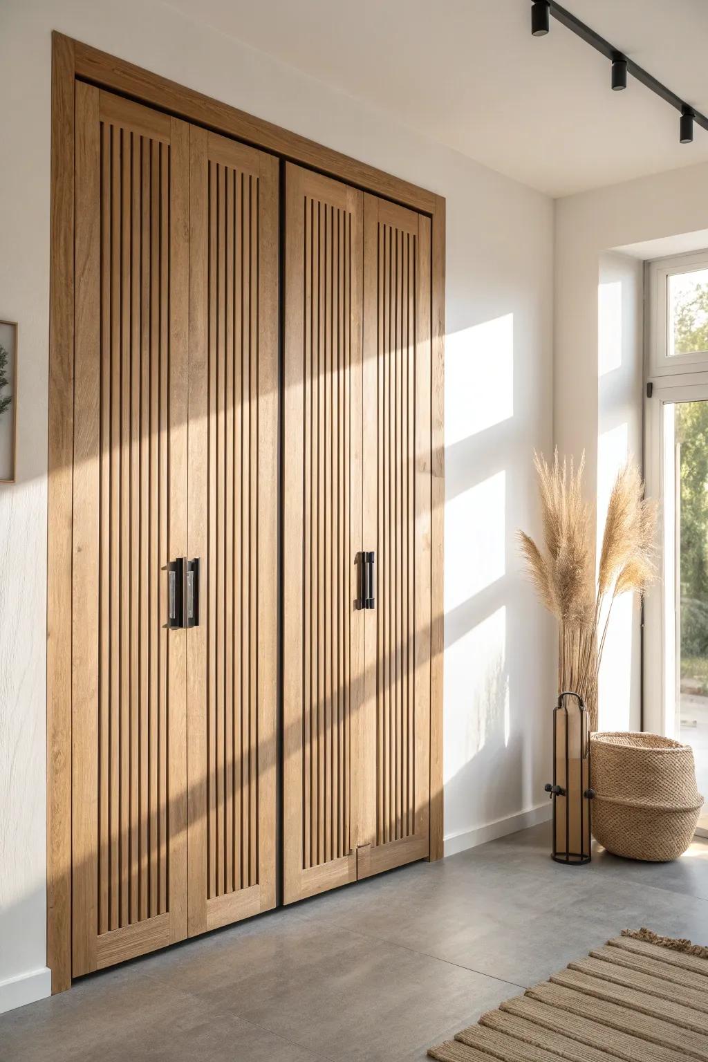 Vertical wood-slat closet doors add texture and make low ceilings feel taller in small rooms.