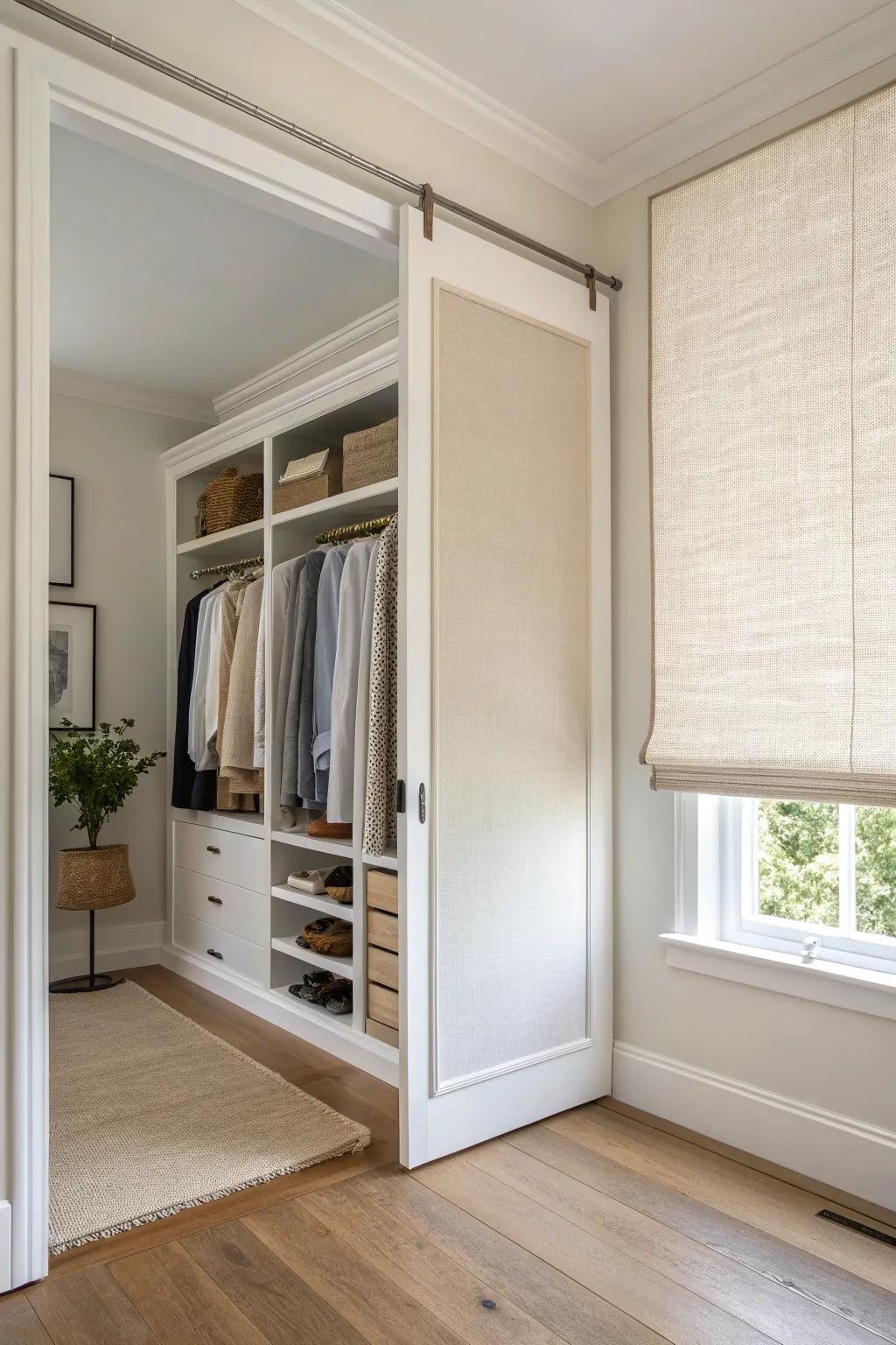 Linen roller shade closet door: sleek, space-saving, and beautifully minimal for tiny rooms.