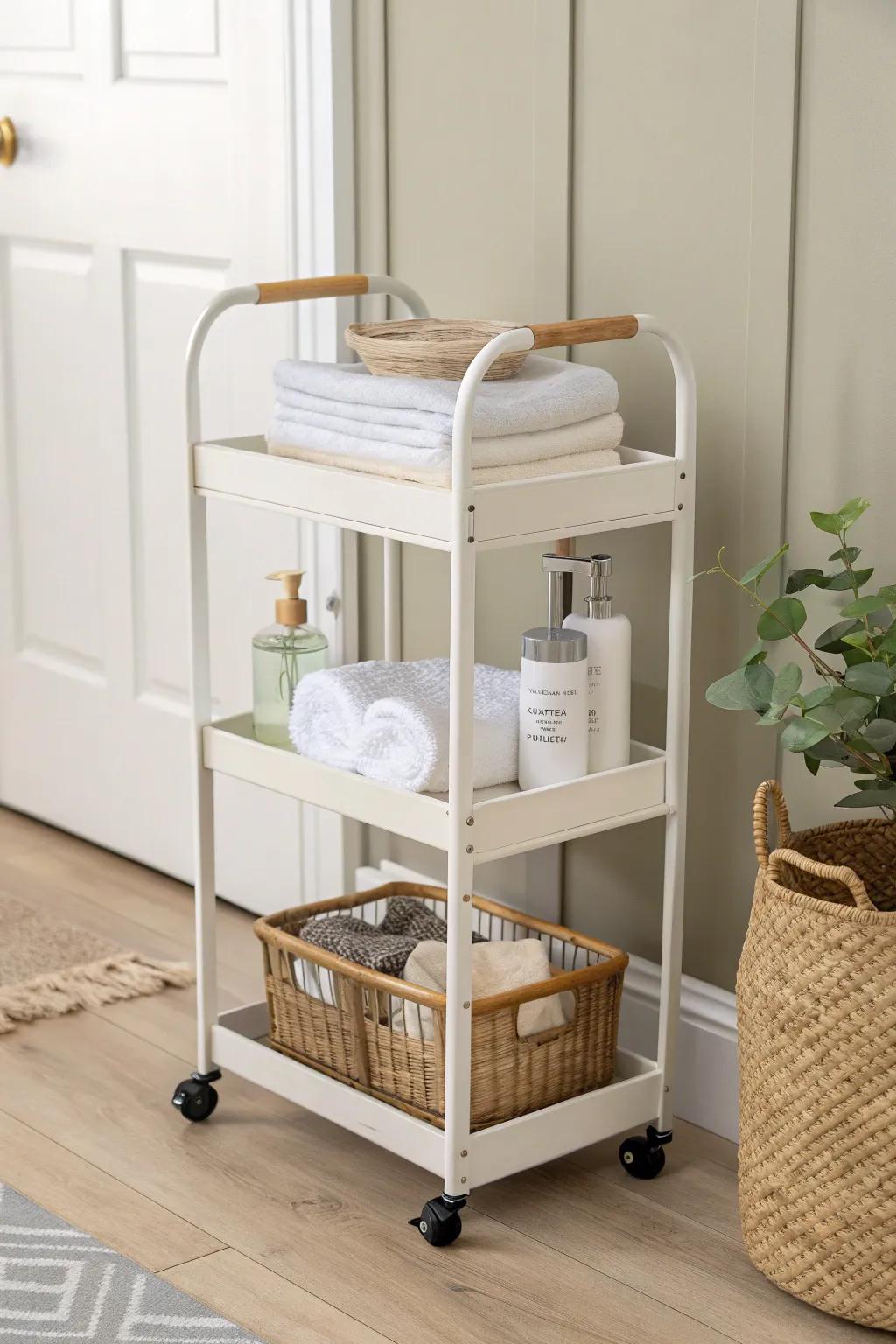 A slim rolling cart keeps closet nurseries organized—pull it out when you need extra space.