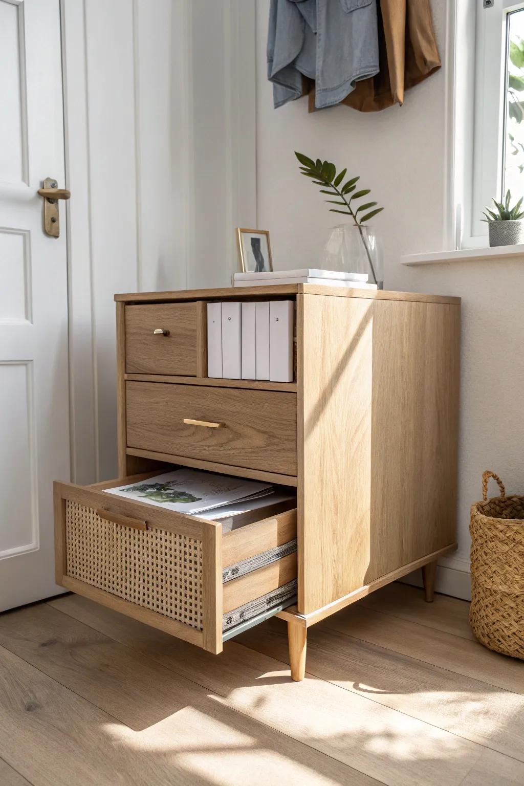 Hide paper clutter fast: a slim file drawer under the desk keeps your cloffice calm.