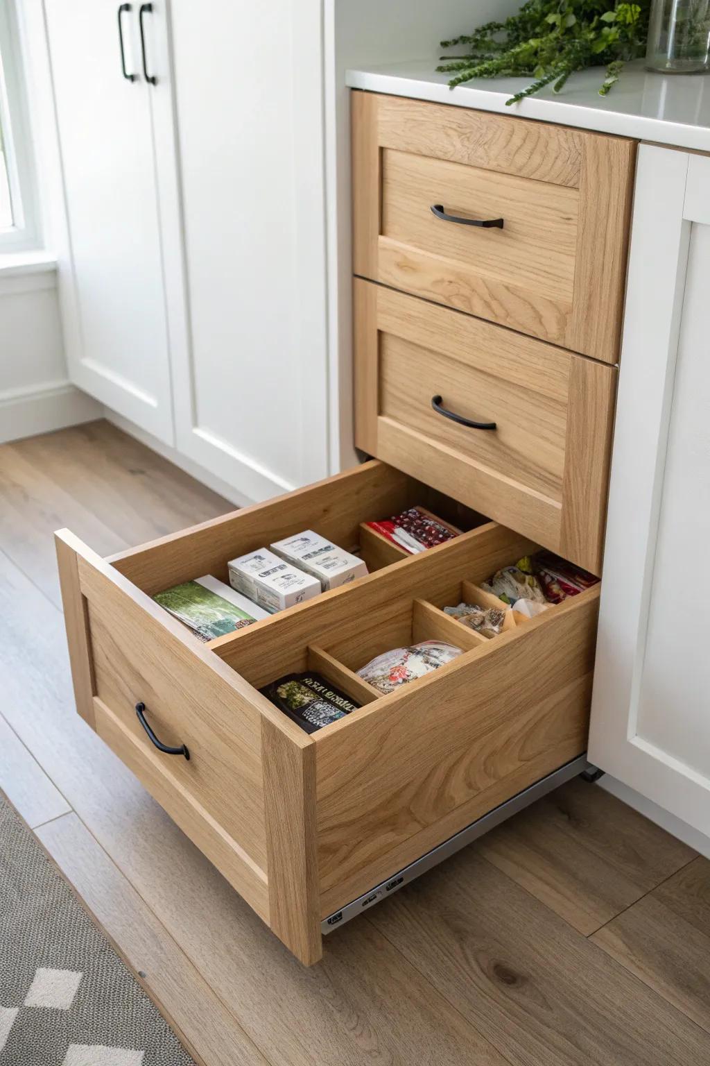 Slim slide-in rolling drawers turn awkward closet-pantry floor space into calm, tidy storage.