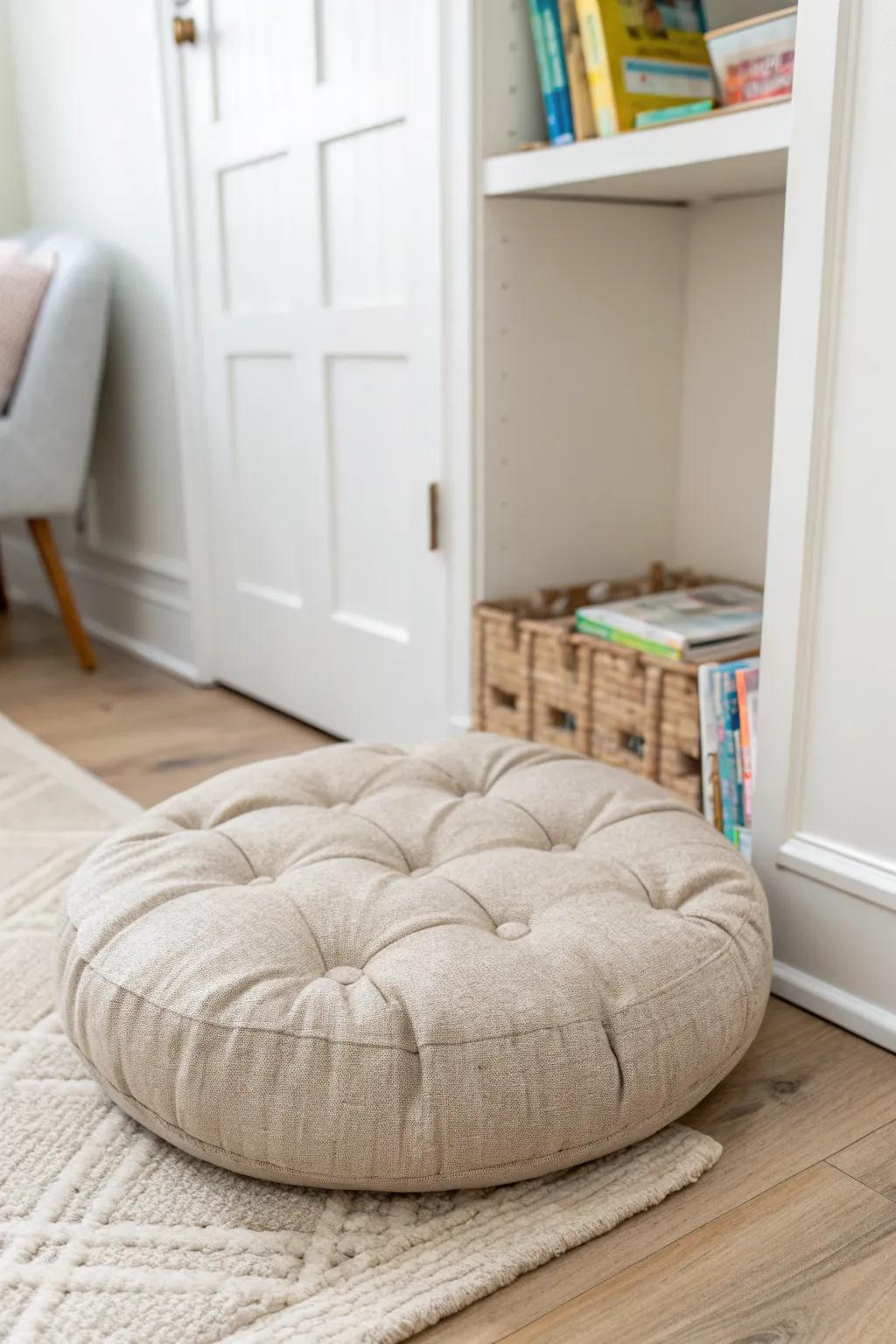 A low, cushy kid closet book nook starter: one durable floor cushion, calm and cozy.