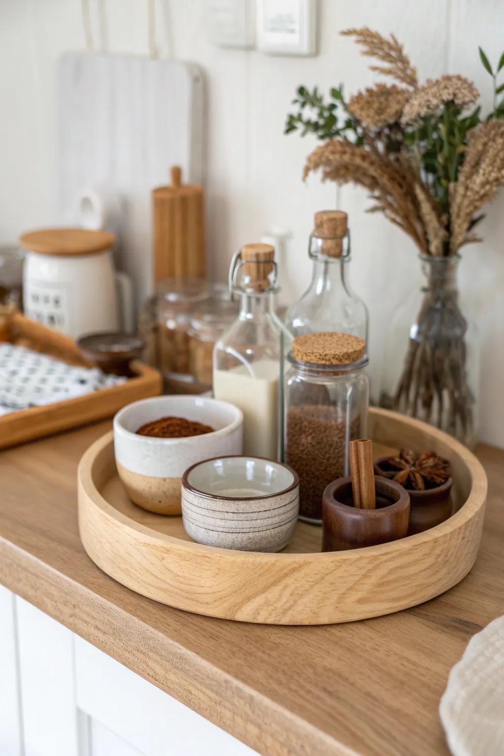Spin syrups, cinnamon, and cocoa on a lazy Susan to keep a tiny coffee bar tidy.