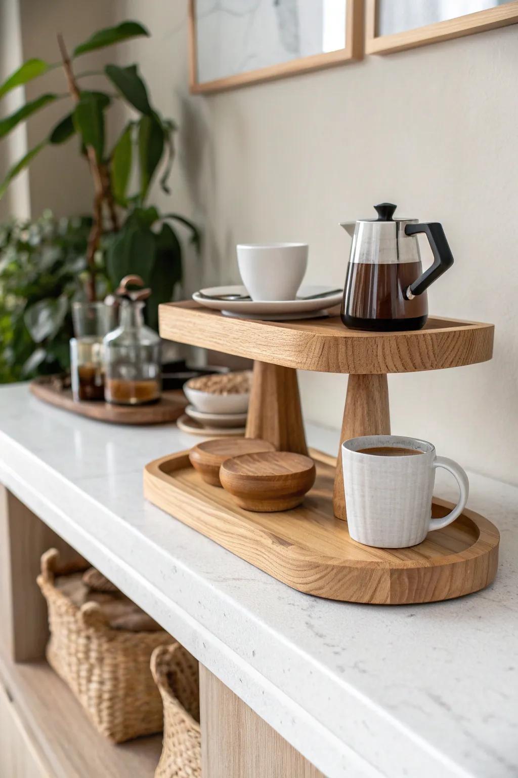 Tiered riser adds instant height and clarity—no more sweeteners hiding behind canisters.