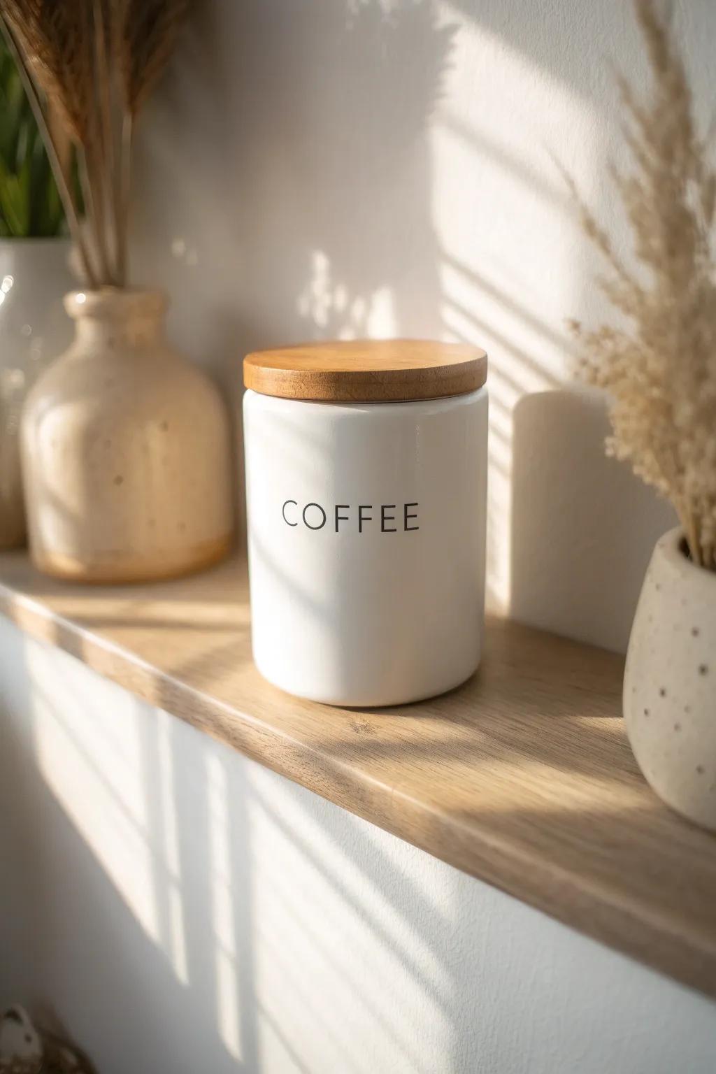 Matching labeled canisters instantly turn a small coffee corner from cluttered to curated.