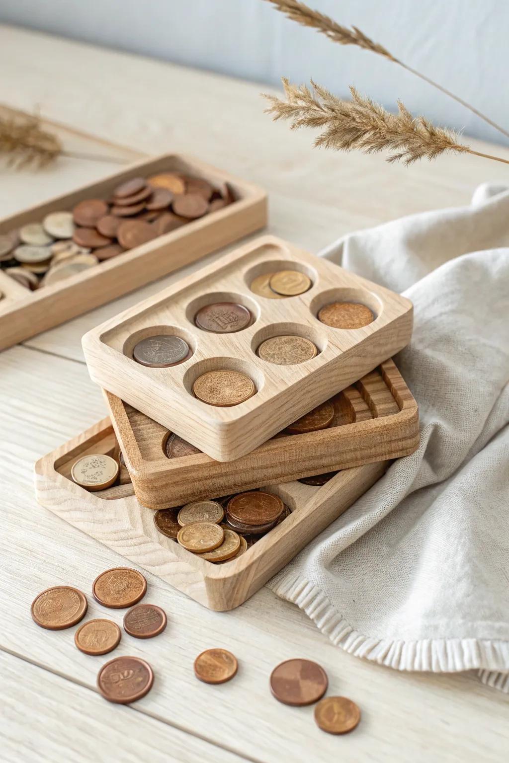 Stackable coin trays that store vertically and keep every piece beautifully visible.