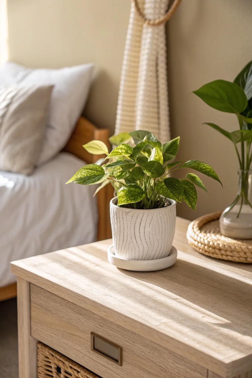 Low-effort greenery for a tiny college bedroom—one faux plant, instant calm and style.