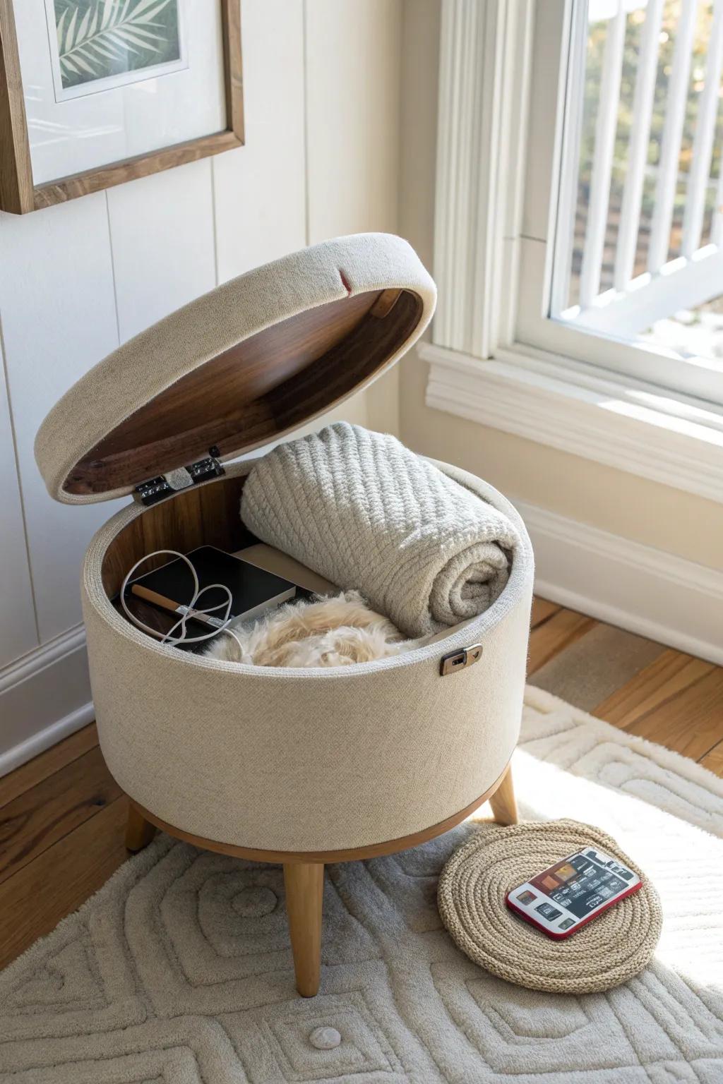 A chic storage ottoman that hides blankets and cords—extra seating with instant calm.