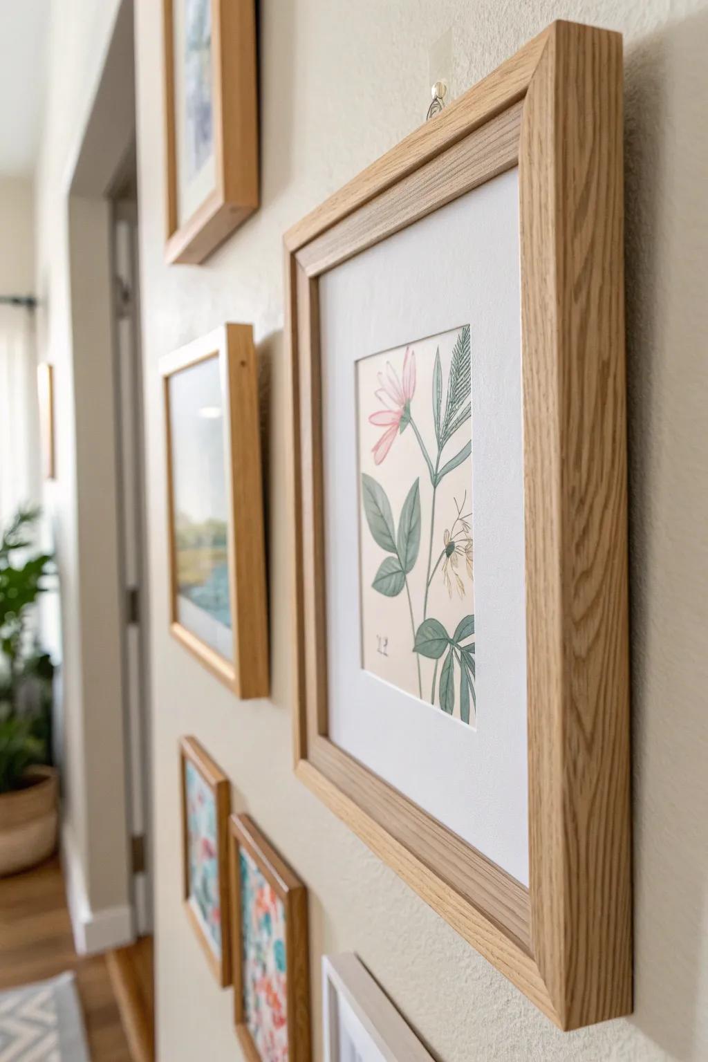 Renter-friendly dorm gallery wall: oak frame + removable strips for zero-damage style.
