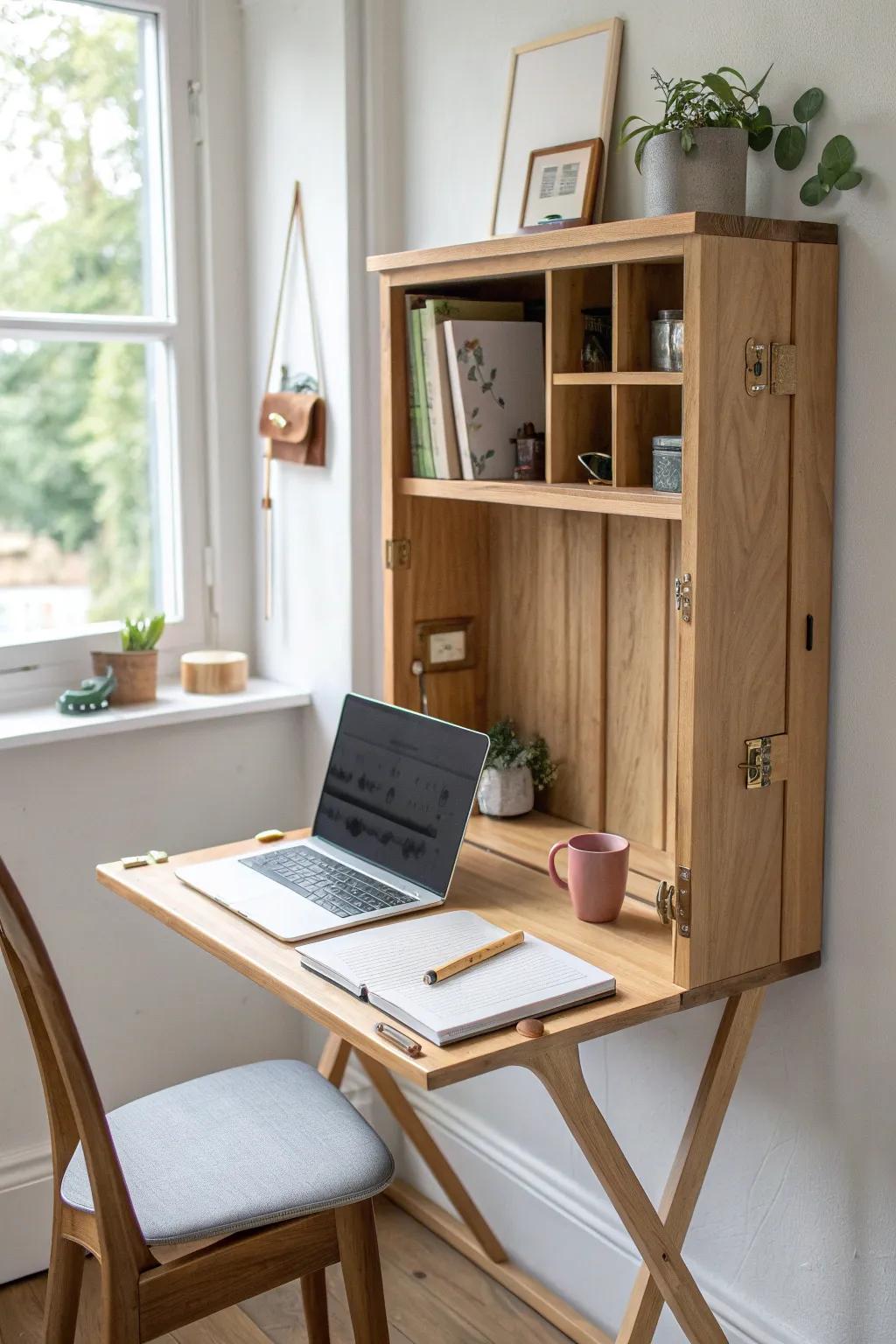 A fold-down wall desk makes a tiny office-playroom feel open and ready for play in seconds.
