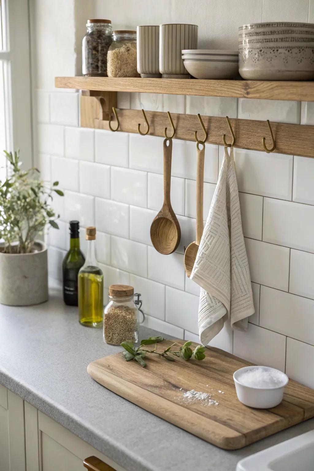 Turn your studio kitchen backsplash into storage with a slim ledge + hooks for essentials.