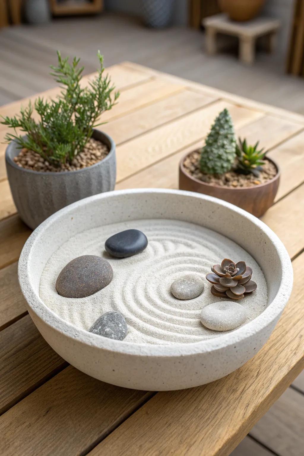 A tiny zen reset: raked sand, bold stones, and one low succulent in a calm tabletop pot.