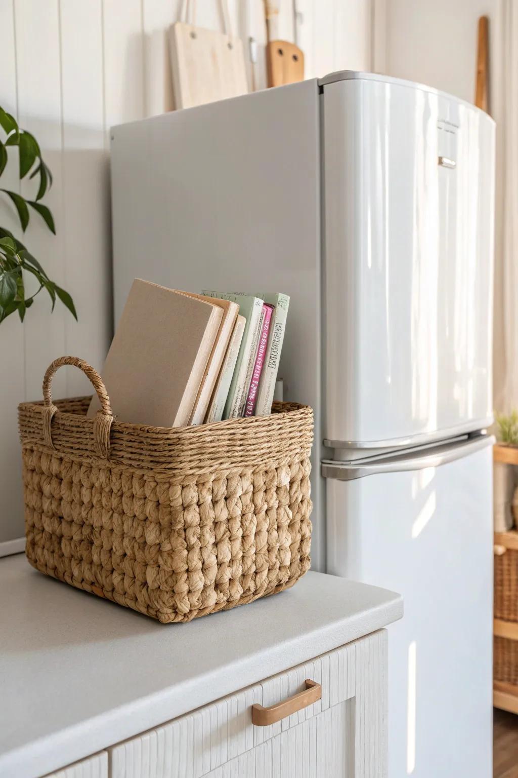 Tuck seldom-used cookbooks in a woven caddy above the fridge to free up cabinets.
