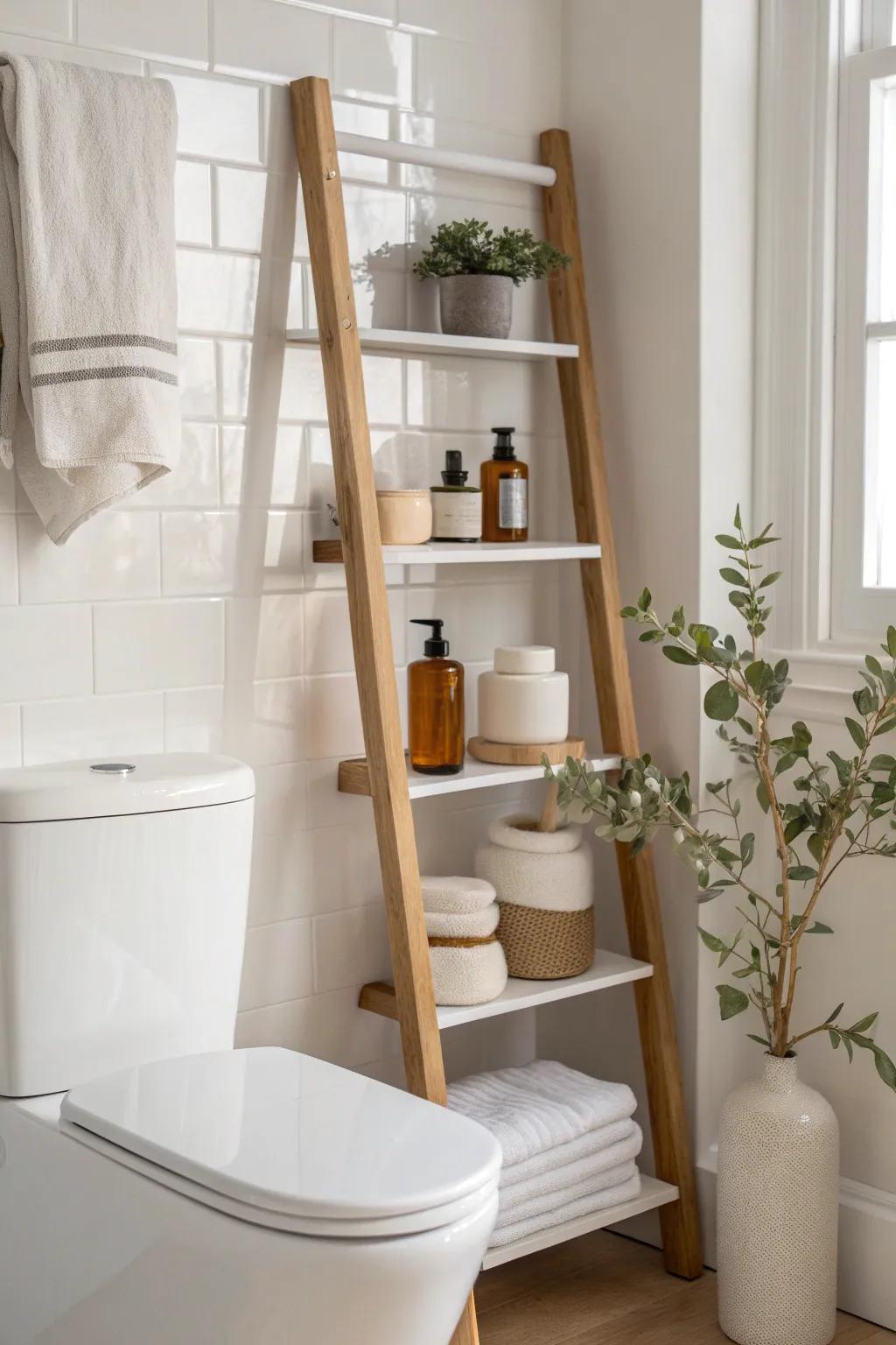 Over-the-toilet shelves that turn a tiny bathroom into a calm, spa-like storage moment.
