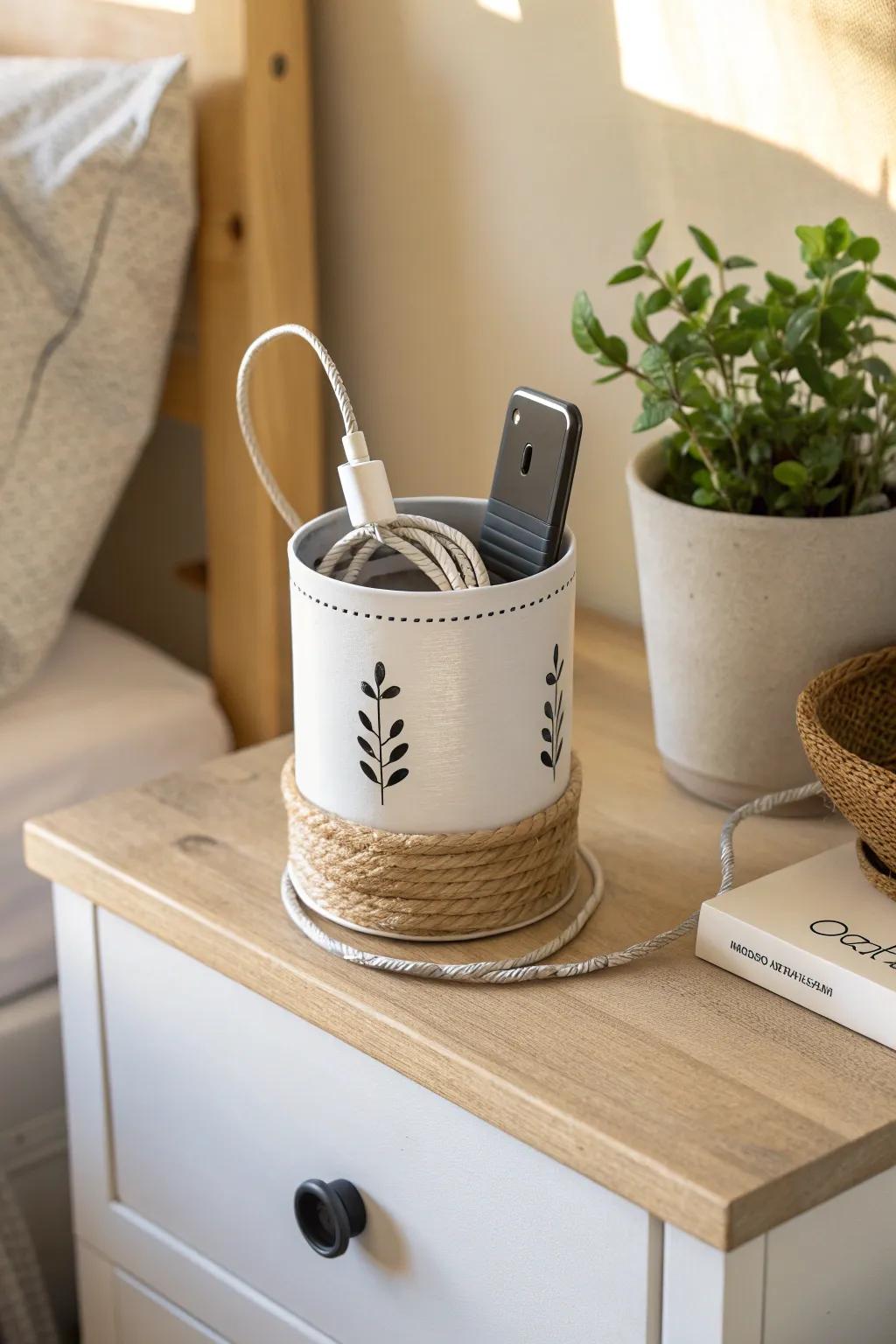 A chic tin can charging cup that hides cables fast—perfect for the tiniest nightstand.