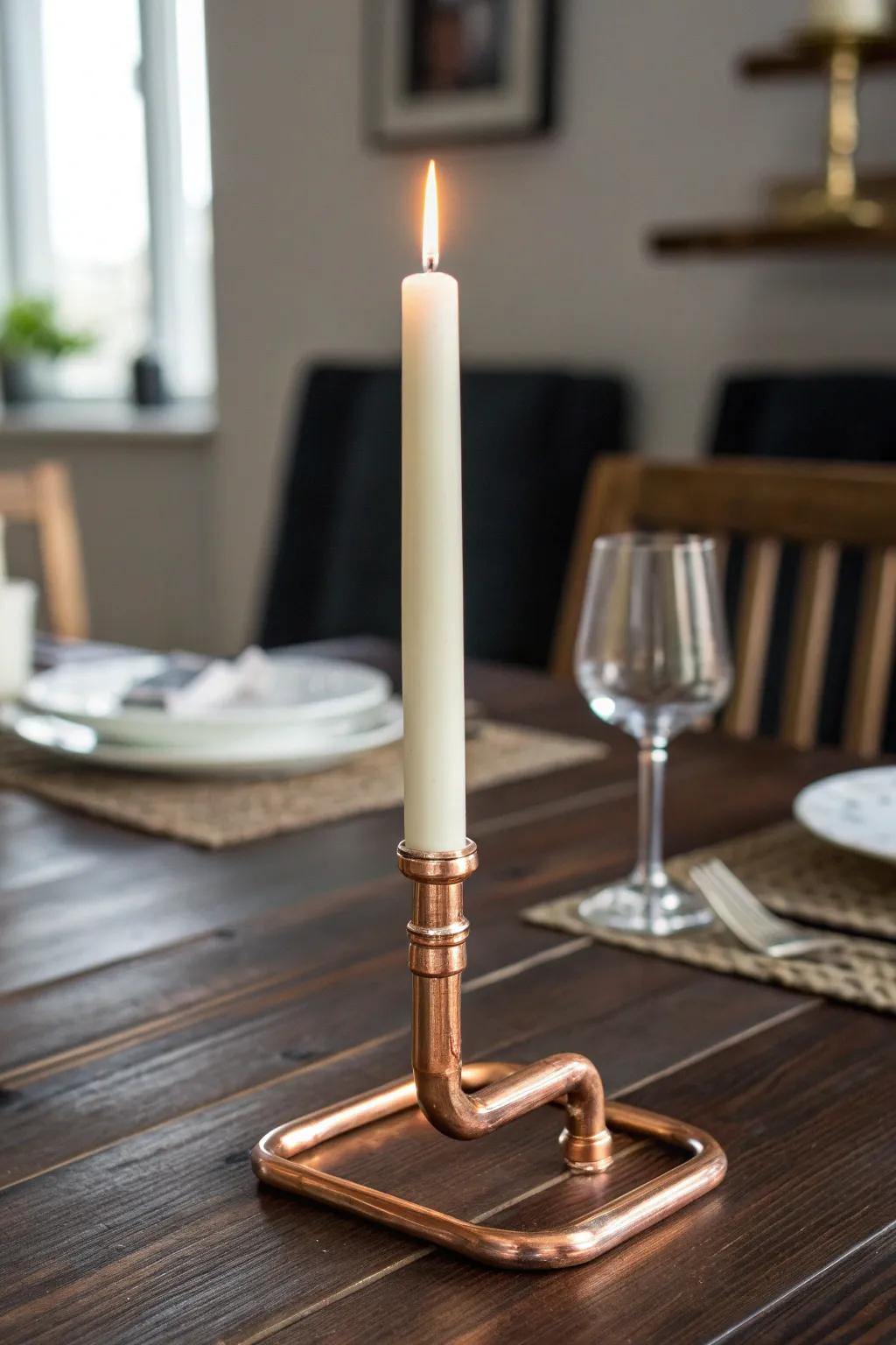 Elevate your dining experience with stylish copper pipe candle holders.