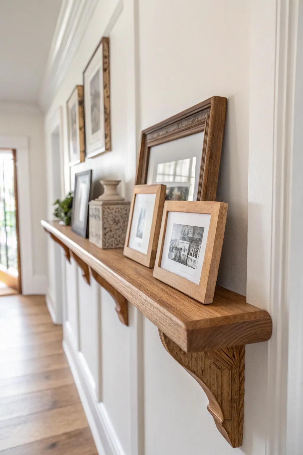 Renter-friendly hallway gallery: layered frames on a minimalist corbel shelf ledge in soft light.