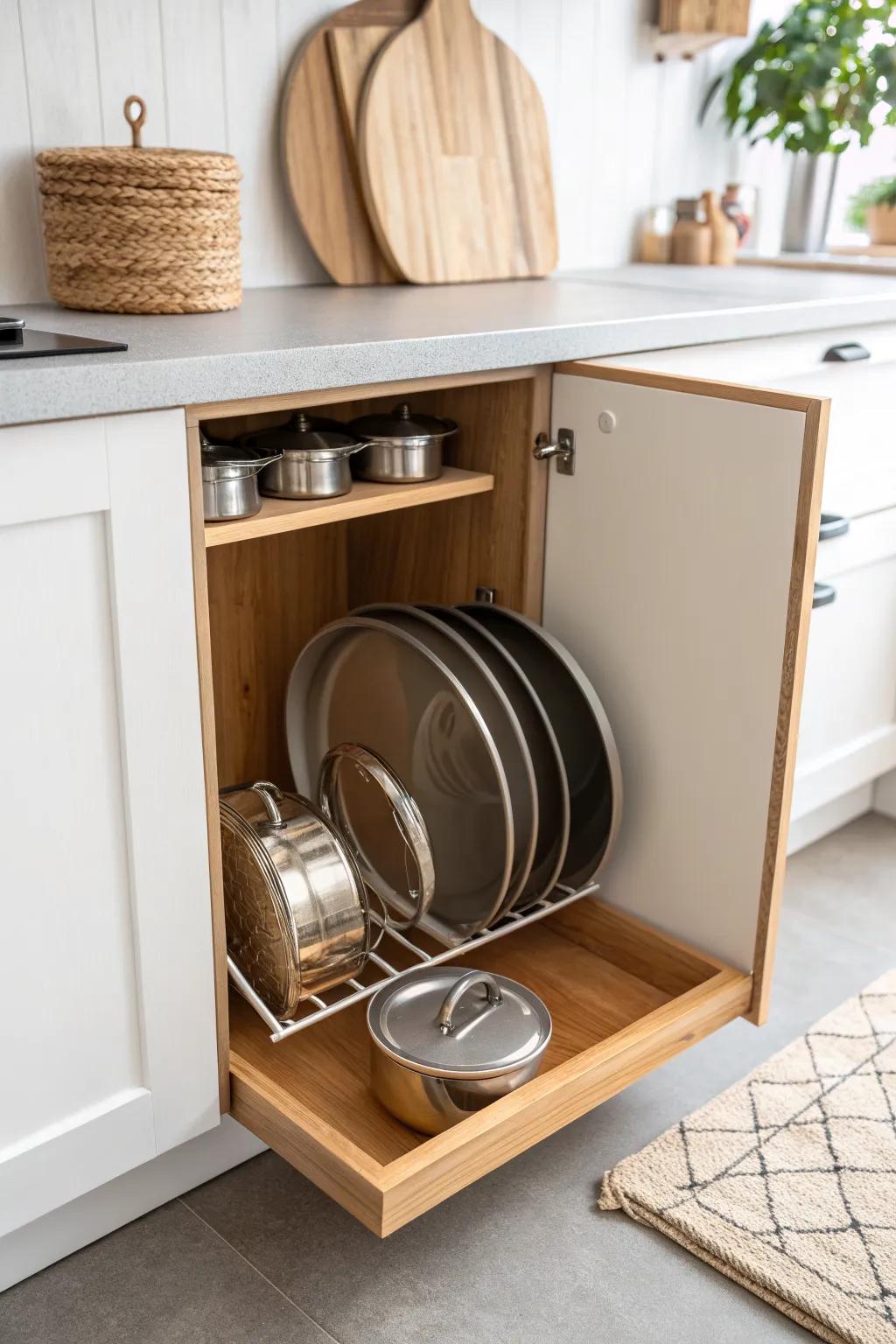 Stop the lid landslide: a slim vertical divider keeps corner-cabinet lids neatly upright.