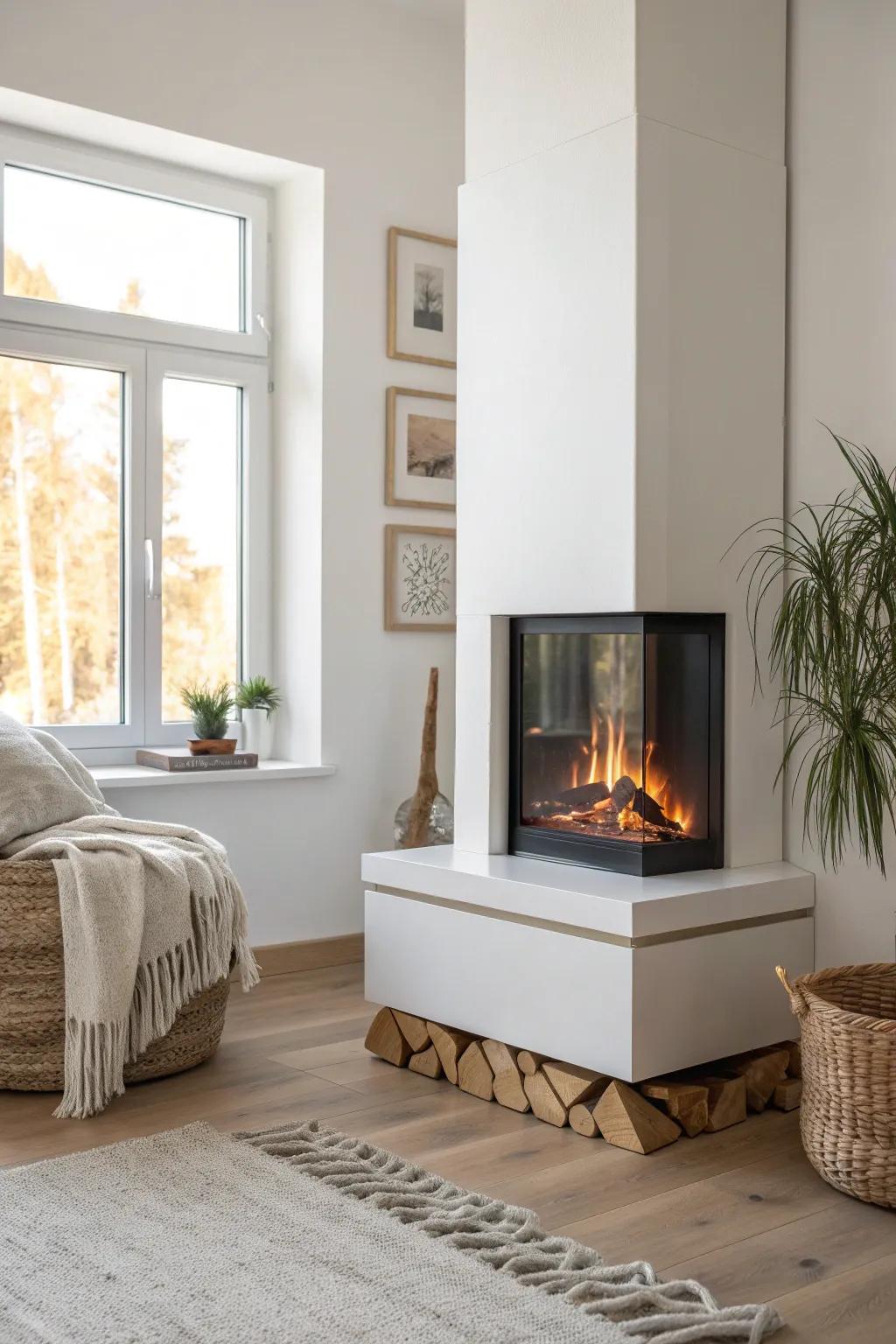 Corner electric fireplace glow that makes a single chair feel like a planned reading nook.