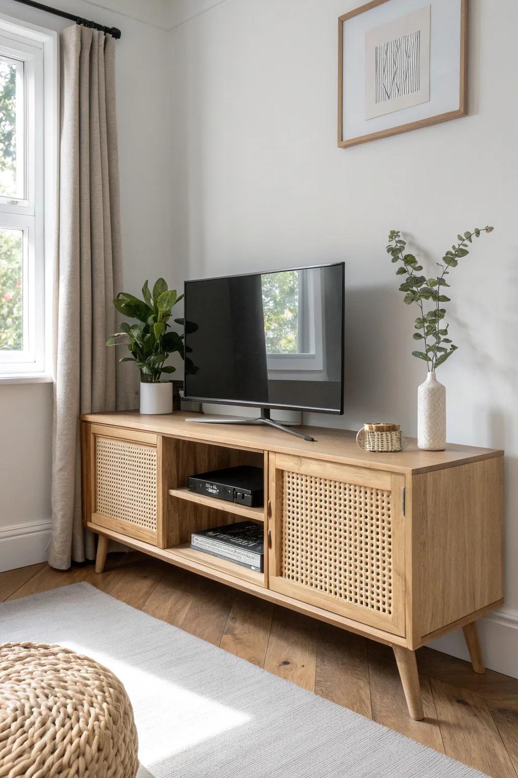 Slim corner console + staggered shelves: airy storage without turning the corner into a block.