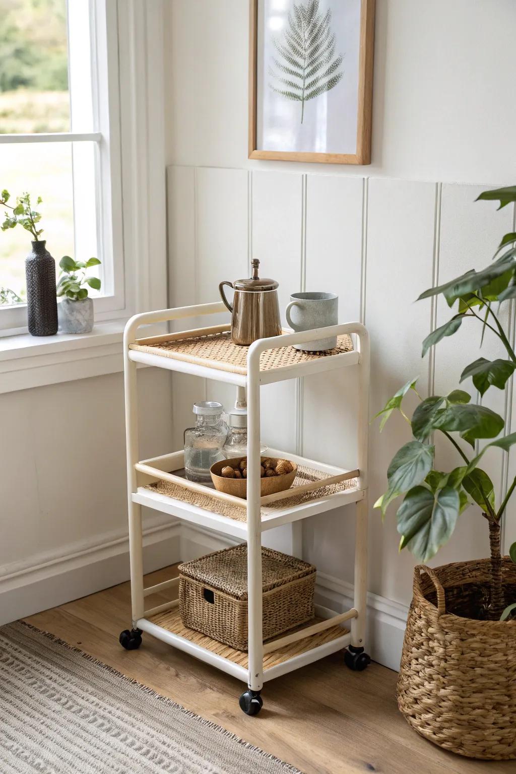 A rolling cart corner station that looks styled, not cluttered—coffee-ready and easy to move.