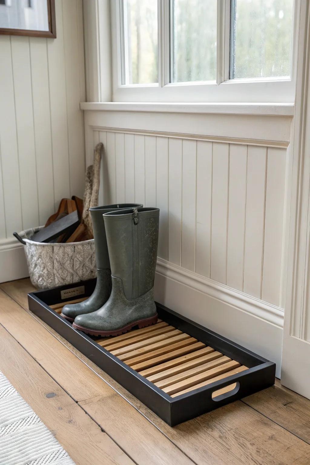 A sleek corner boot tray with wall paneling keeps wet-weather messes contained and chic.