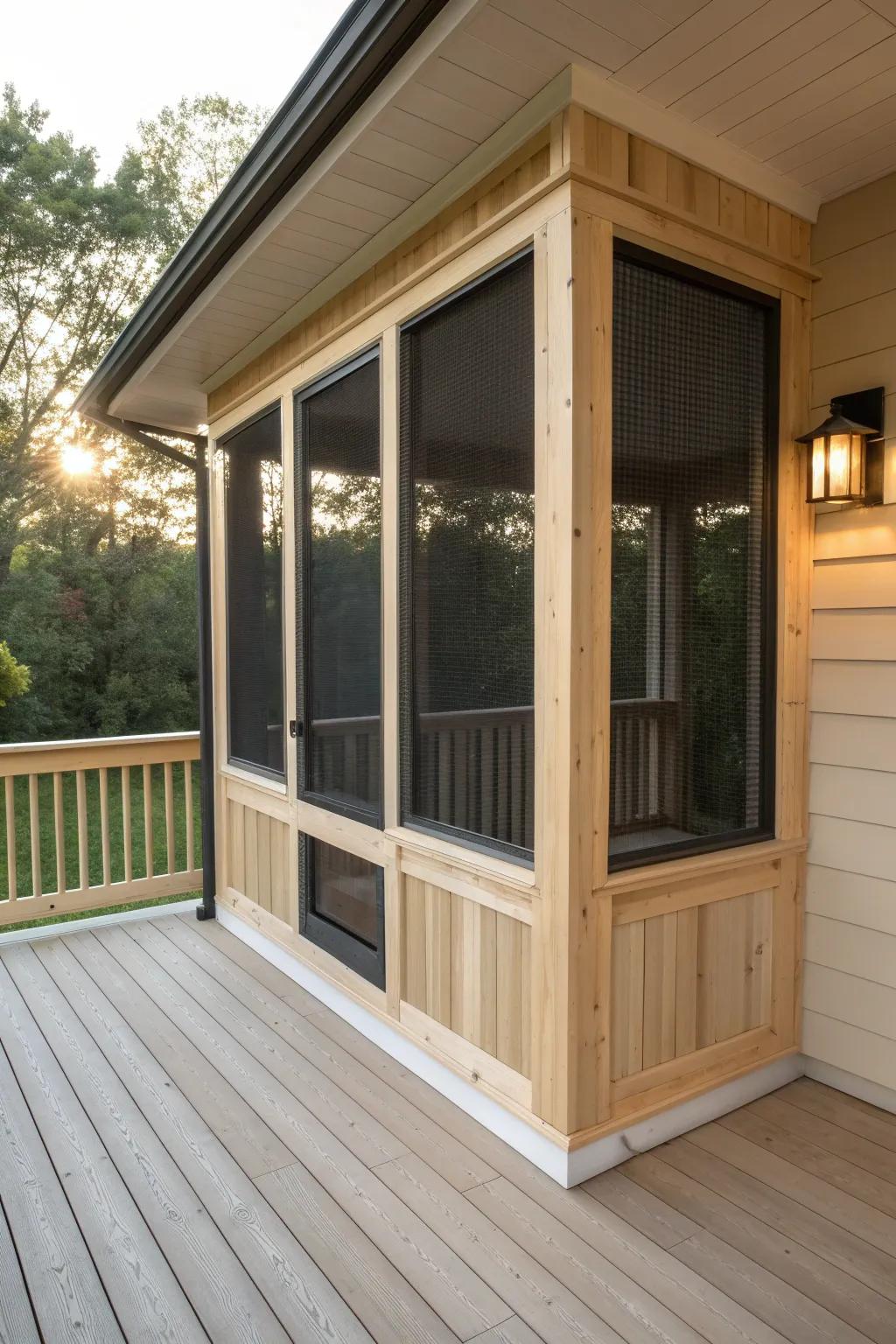 Petite screened-in corner porch shell in light wood and crisp mesh—your tiny year‑round outdoor room.