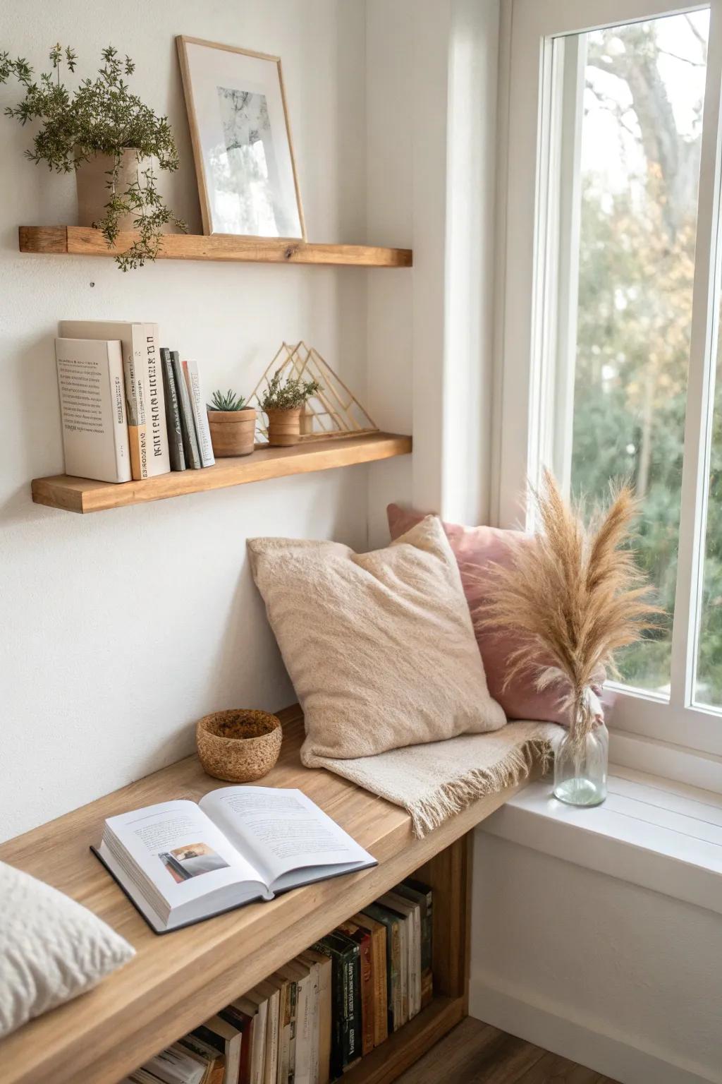 A corner picture ledge turns your “currently reading” stack into effortless, styled decor.