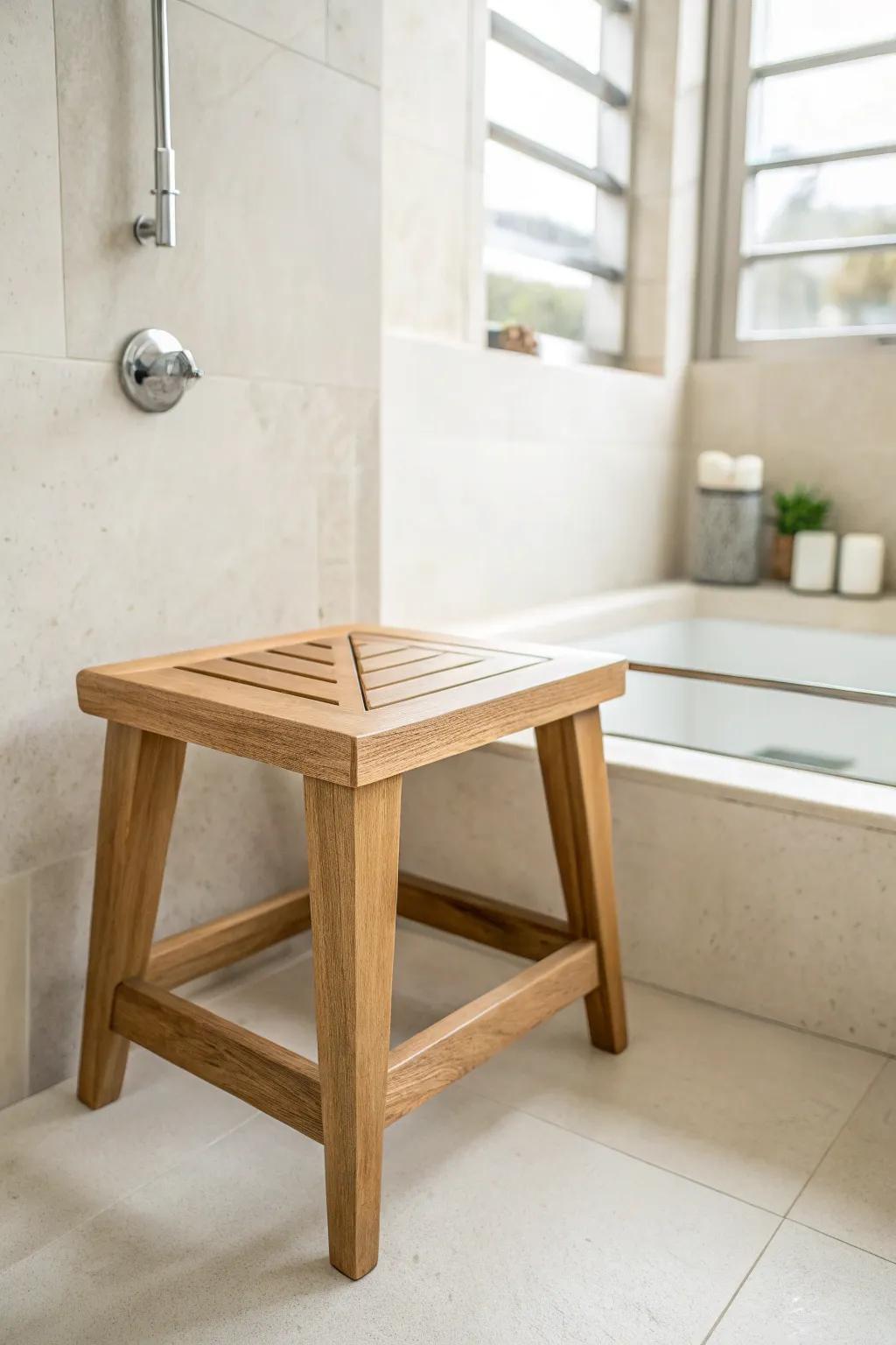 A petite corner shaving ledge that adds stability—minimal, warm wood, and spa‑calm.