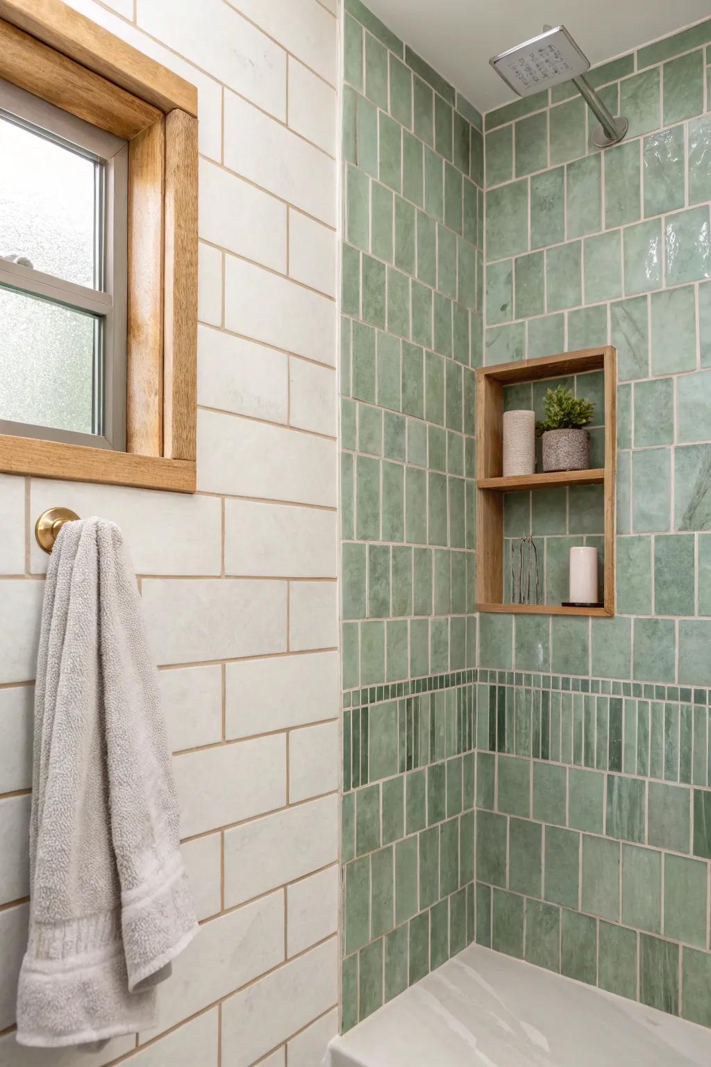 One statement tile wall gives a corner shower a designer moment without crowding the space.