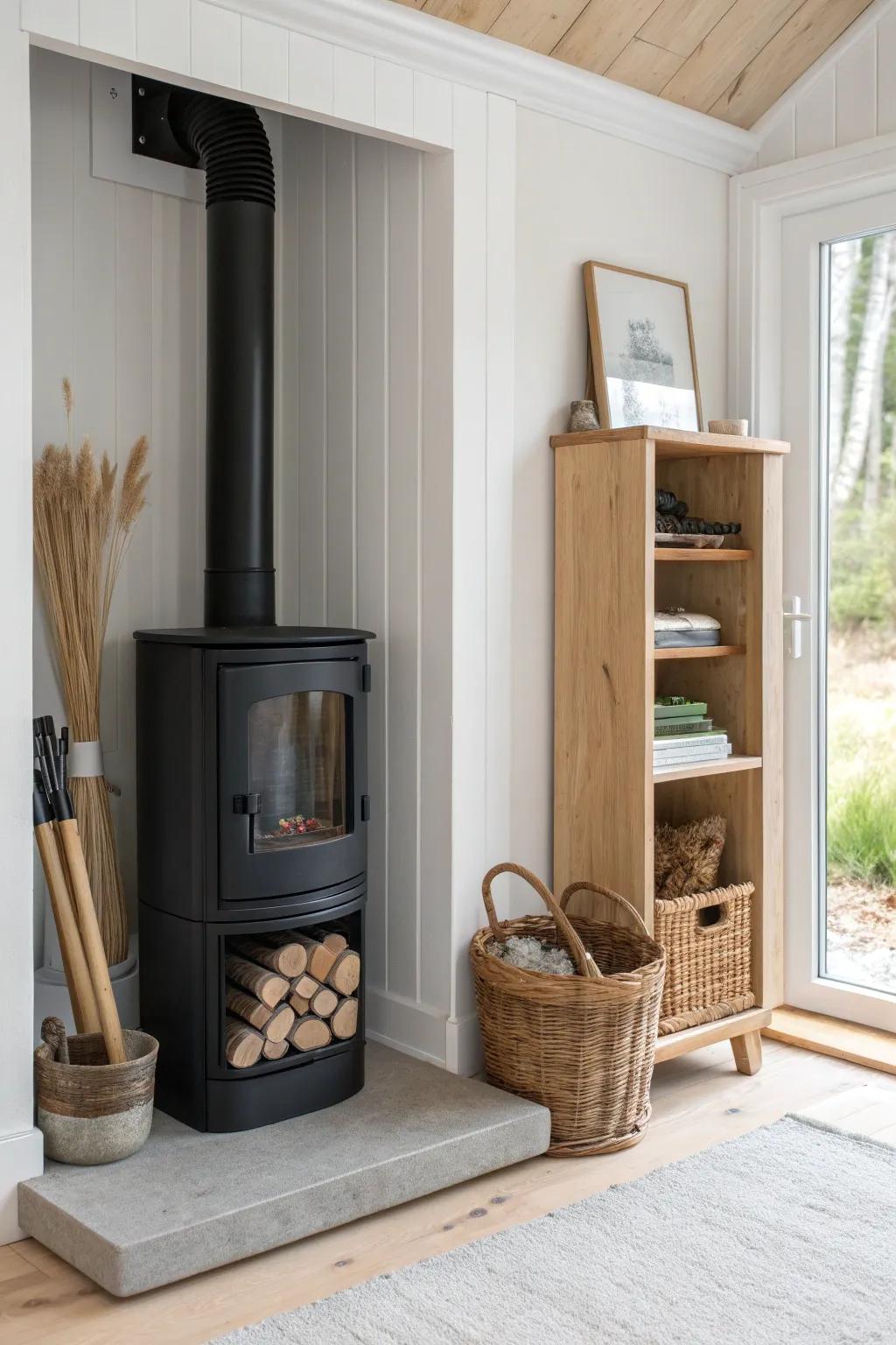 A slim built-in tool niche keeps a corner stove hearth serene—perfect for small spaces.