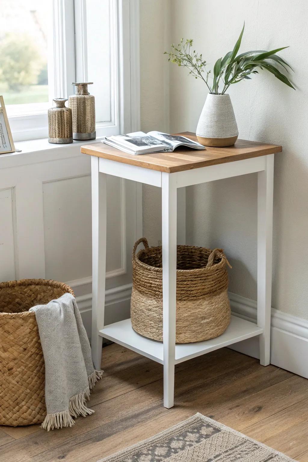 A woven basket under your corner table keeps cords and mail tucked away—small-space magic.