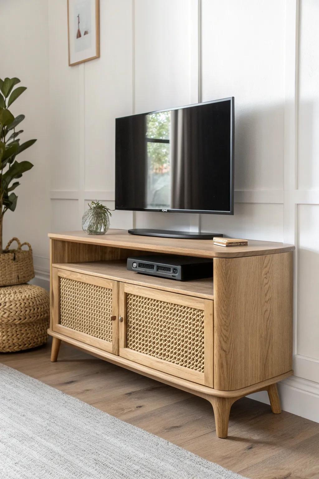 A low corner console grounds the TV and keeps wall space open for art in a small room.