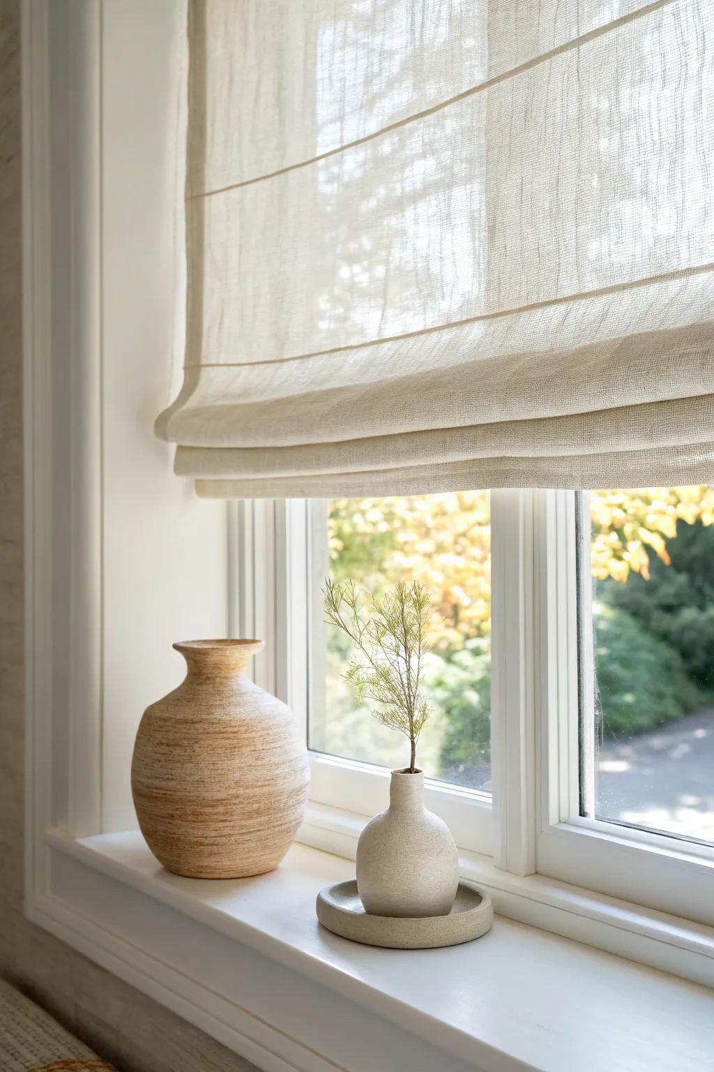 Flat Roman shades in thin linen keep corner windows tidy, airy, and beautifully tailored.