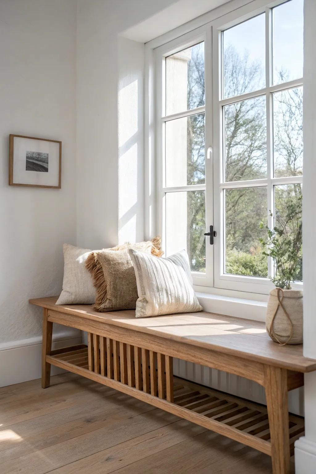 Built-in bench under the window: airy couchless seating for coffee in a small living room.