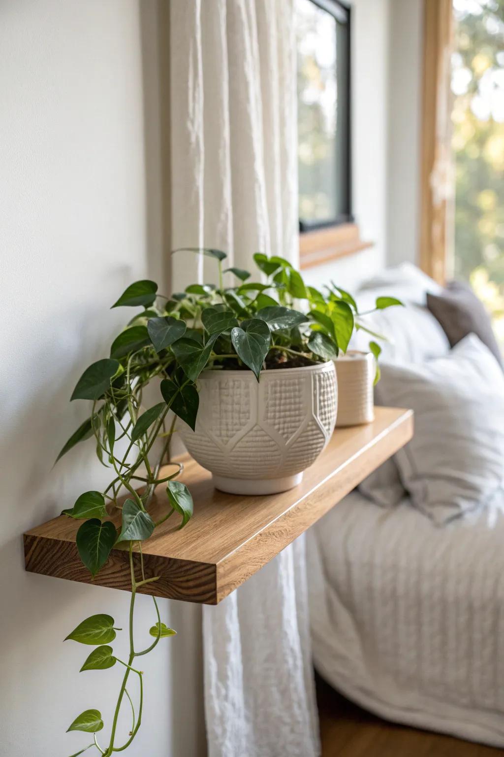 One lush shelf plant by the window makes a tiny bedroom feel calmer, brighter, and alive.