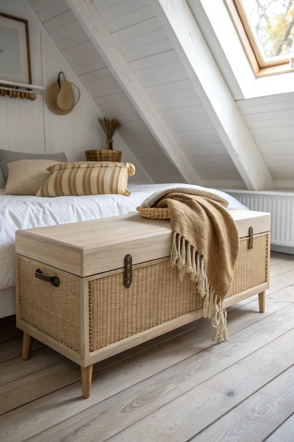 A slim storage bench at the foot of the bed adds cozy weight and a spot for blankets.