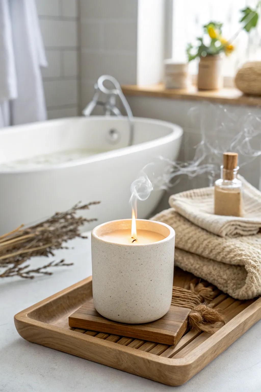 Create a safe, cozy glow: one candle on a tray for instant spa vibes without clutter.