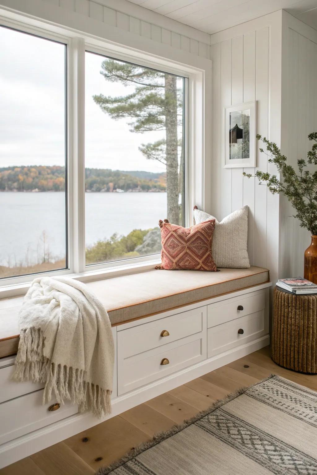 A cushioned window-seat nook with hidden storage—your coziest perch for rainy lake days.