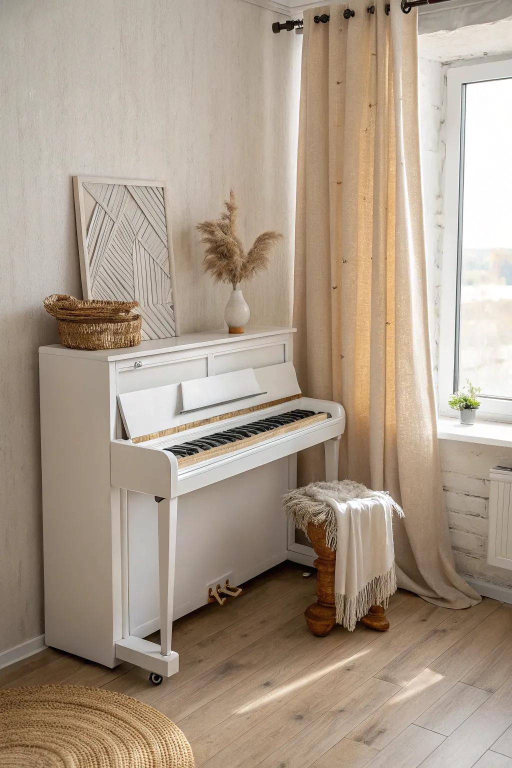 Soft neutral tones around a petite upright piano make a small corner feel calm and cozy.