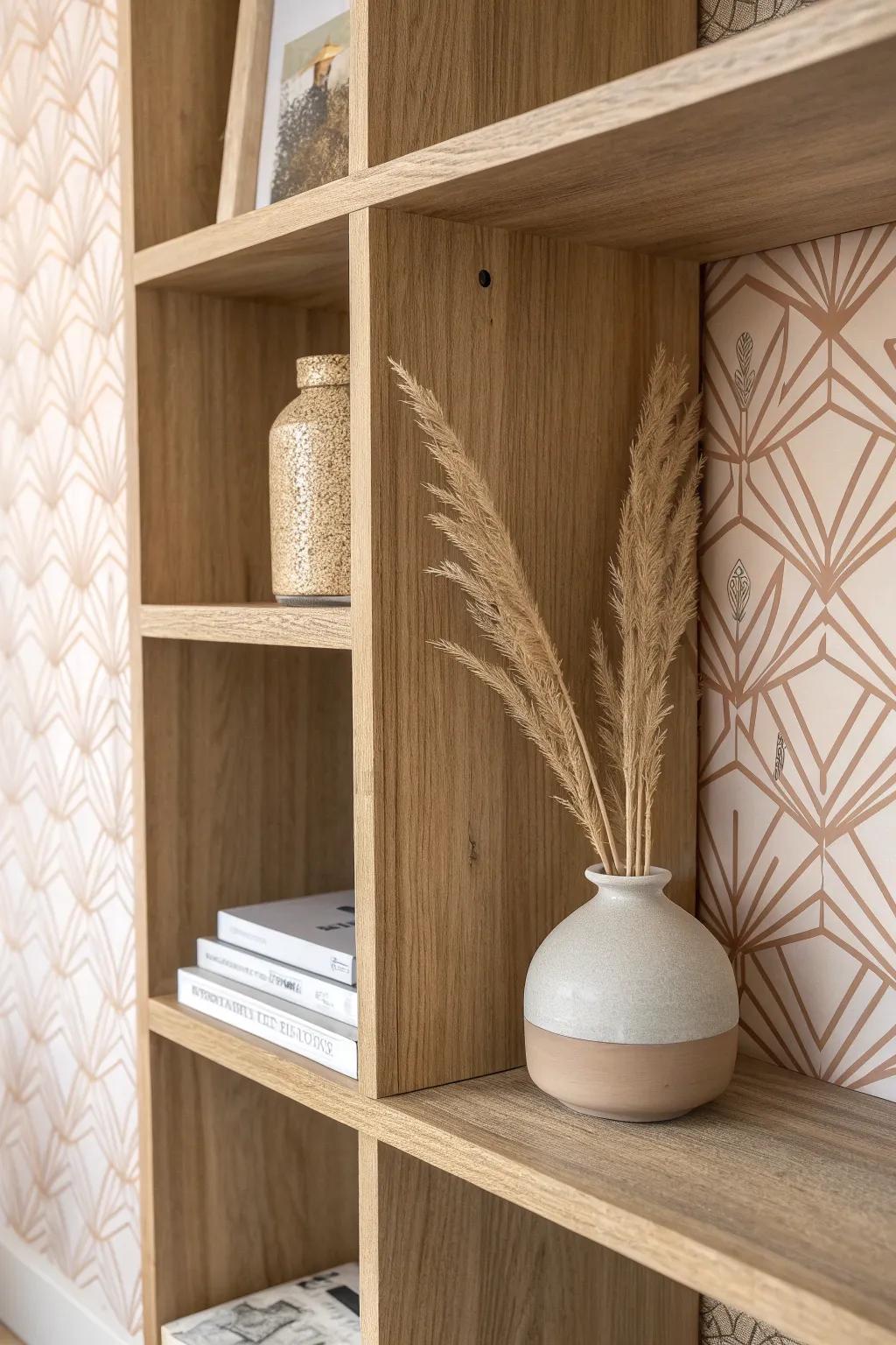 Peel-and-stick wallpaper turns an empty cubby into a custom-looking shelf moment—renter friendly.