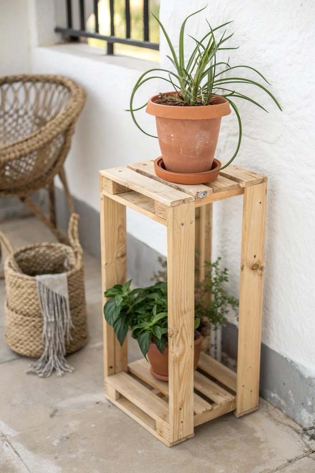 Rustic pallet-slat plant stand: airy gaps, warm wood, and a trailing pothos for small balconies.