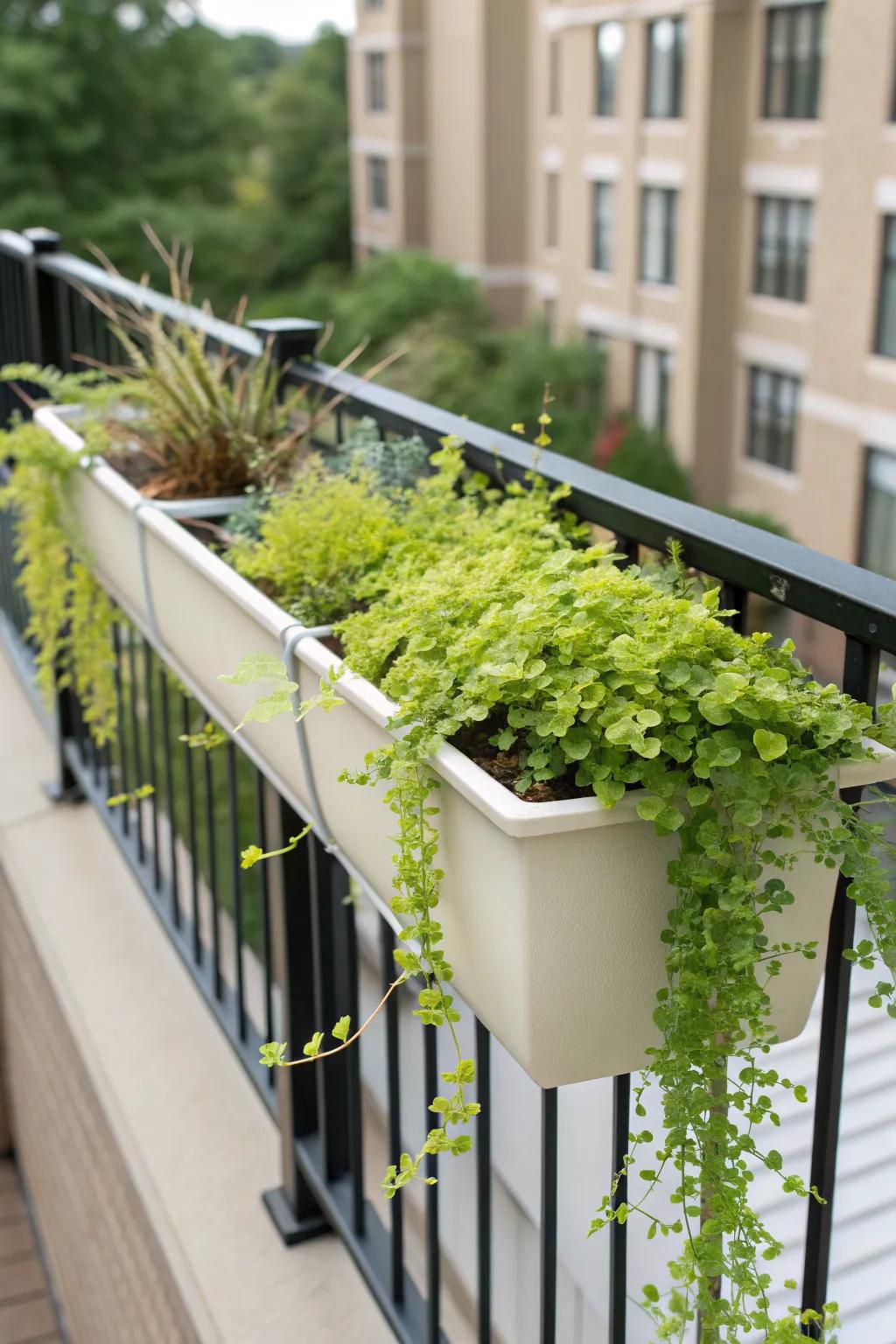 Cascading Creeping Jenny in a tiny rail planter—lush balcony style with zero floor clutter.