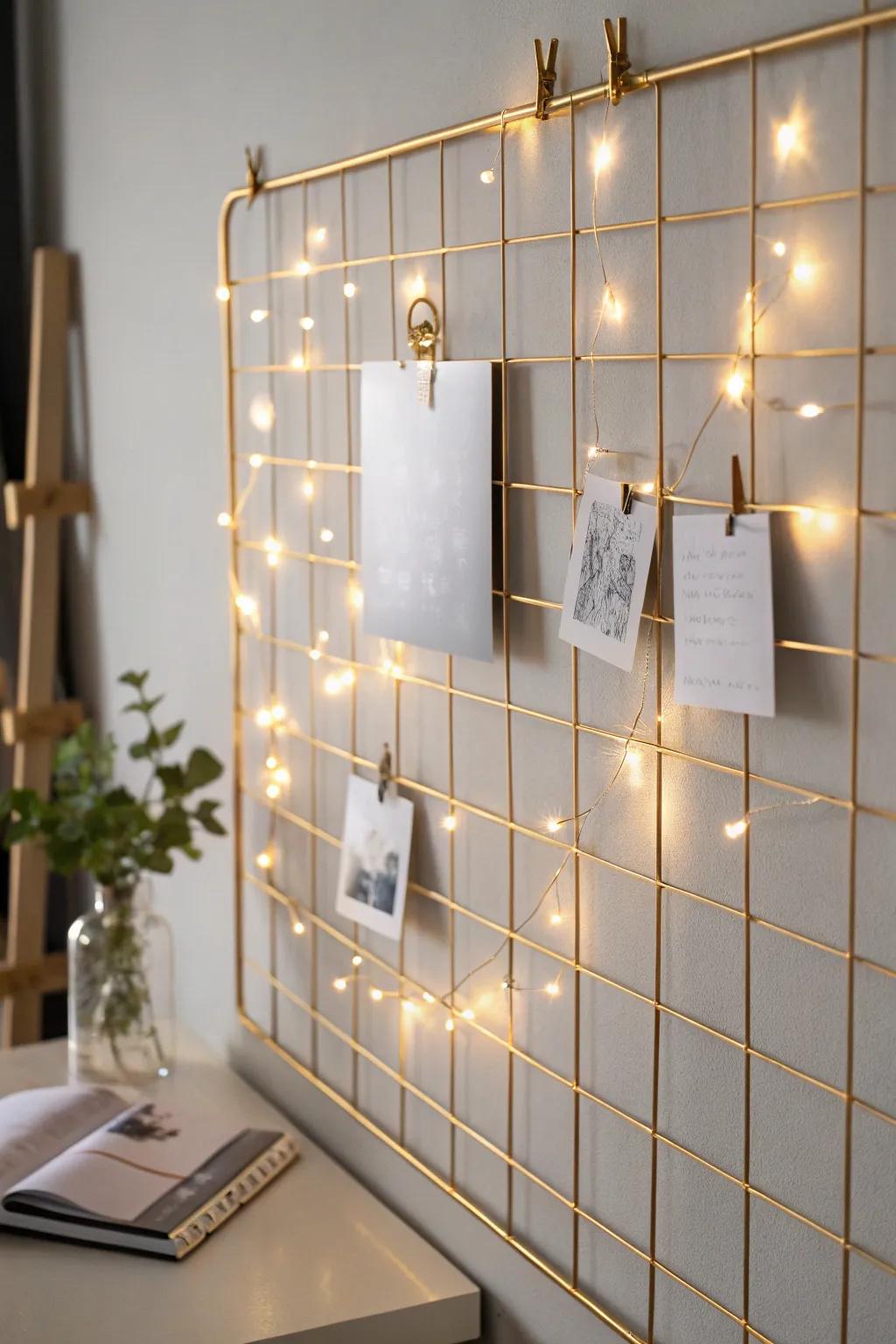 Warm fairy lights woven through a wire grid board for an instantly styled, cozy cubicle glow.
