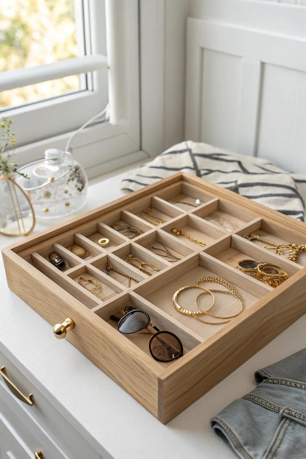 Boutique-style drawer dividers make small closets feel calm—no more tangled jewelry or clutter.