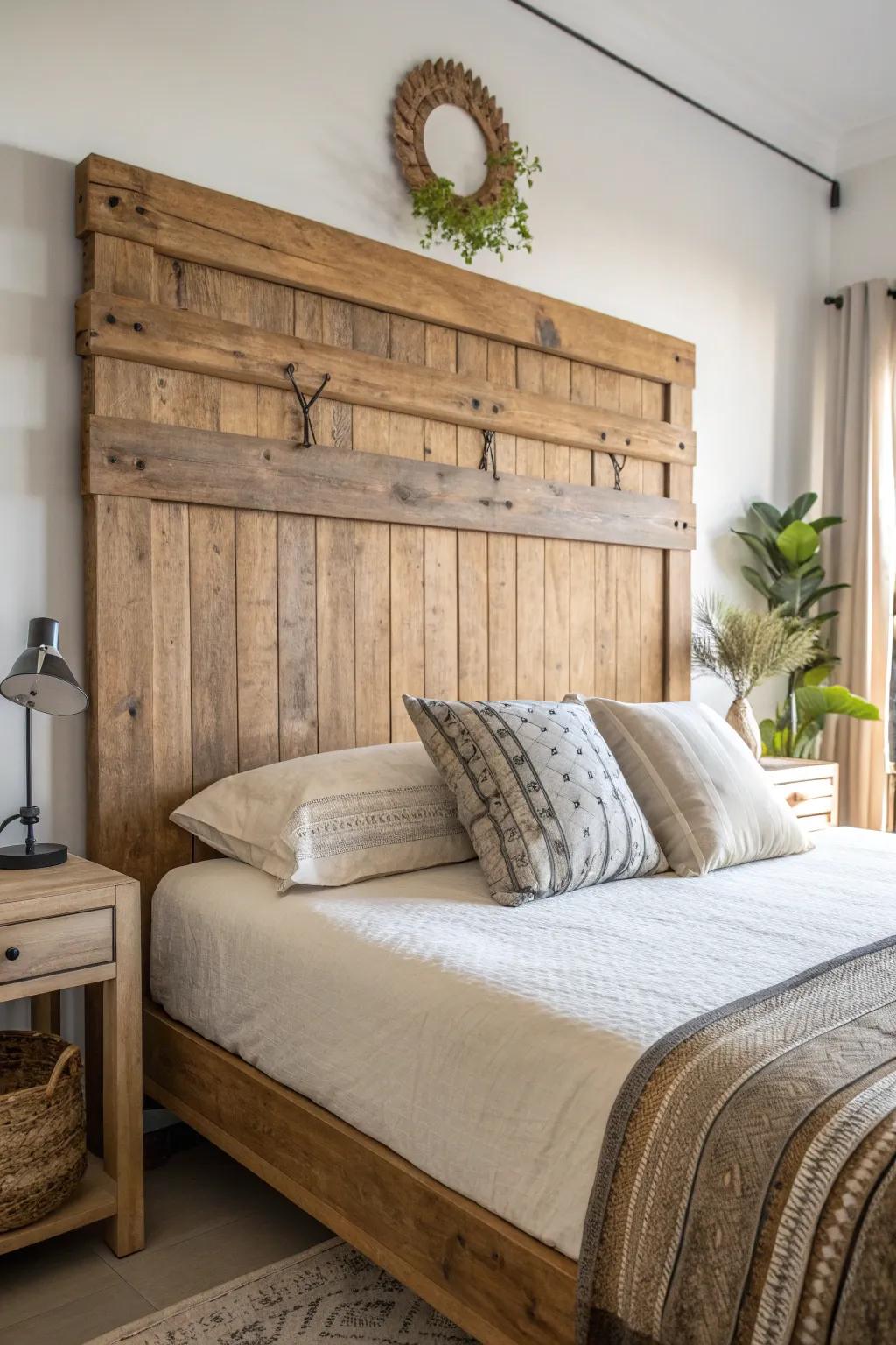 Experience the perfect blend of rustic charm and modern elegance with this custom reclaimed wood headboard.