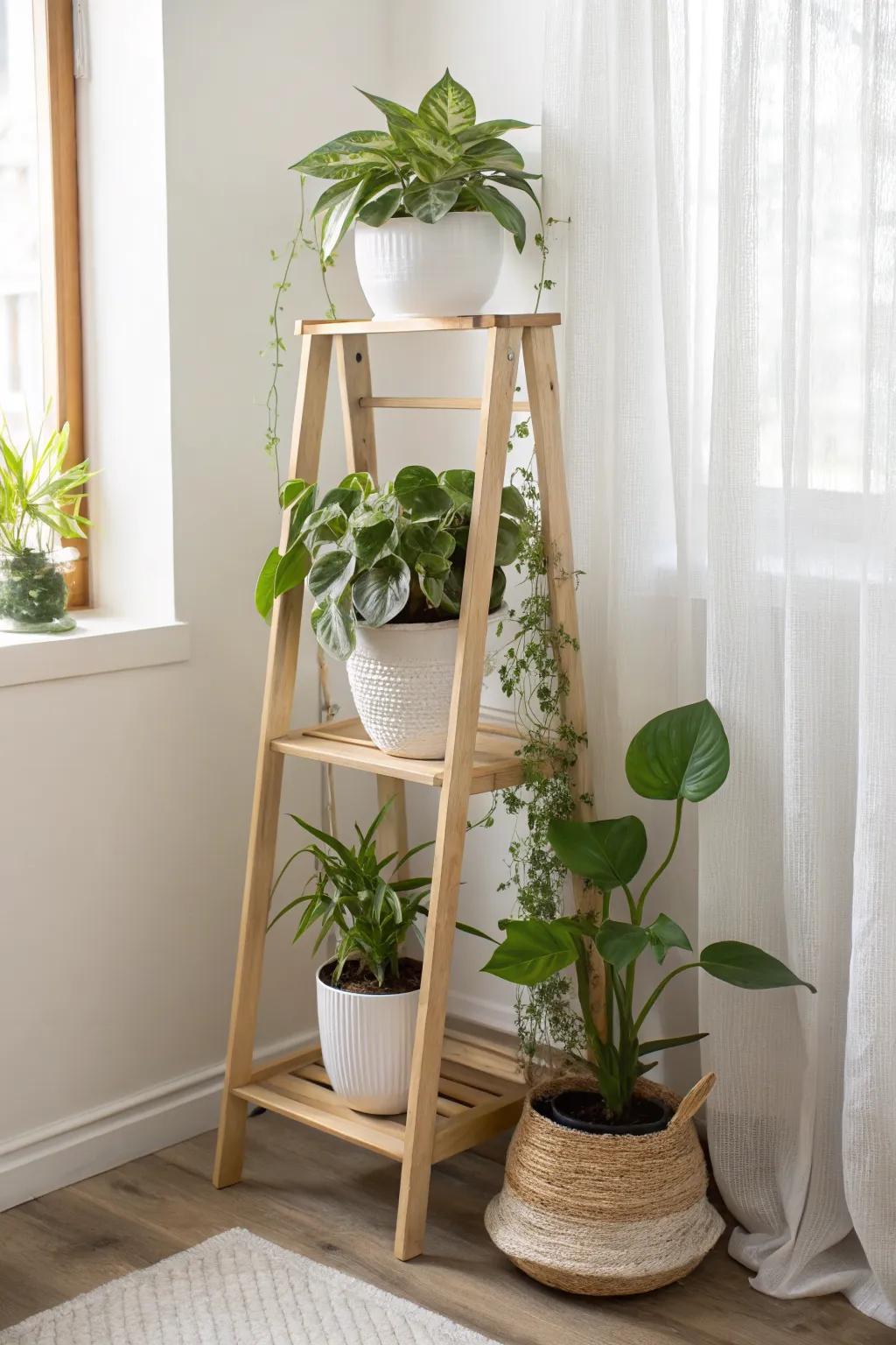 Layer plants high, mid, and low on one sleek stand—matching pots keep the look cute and calm.