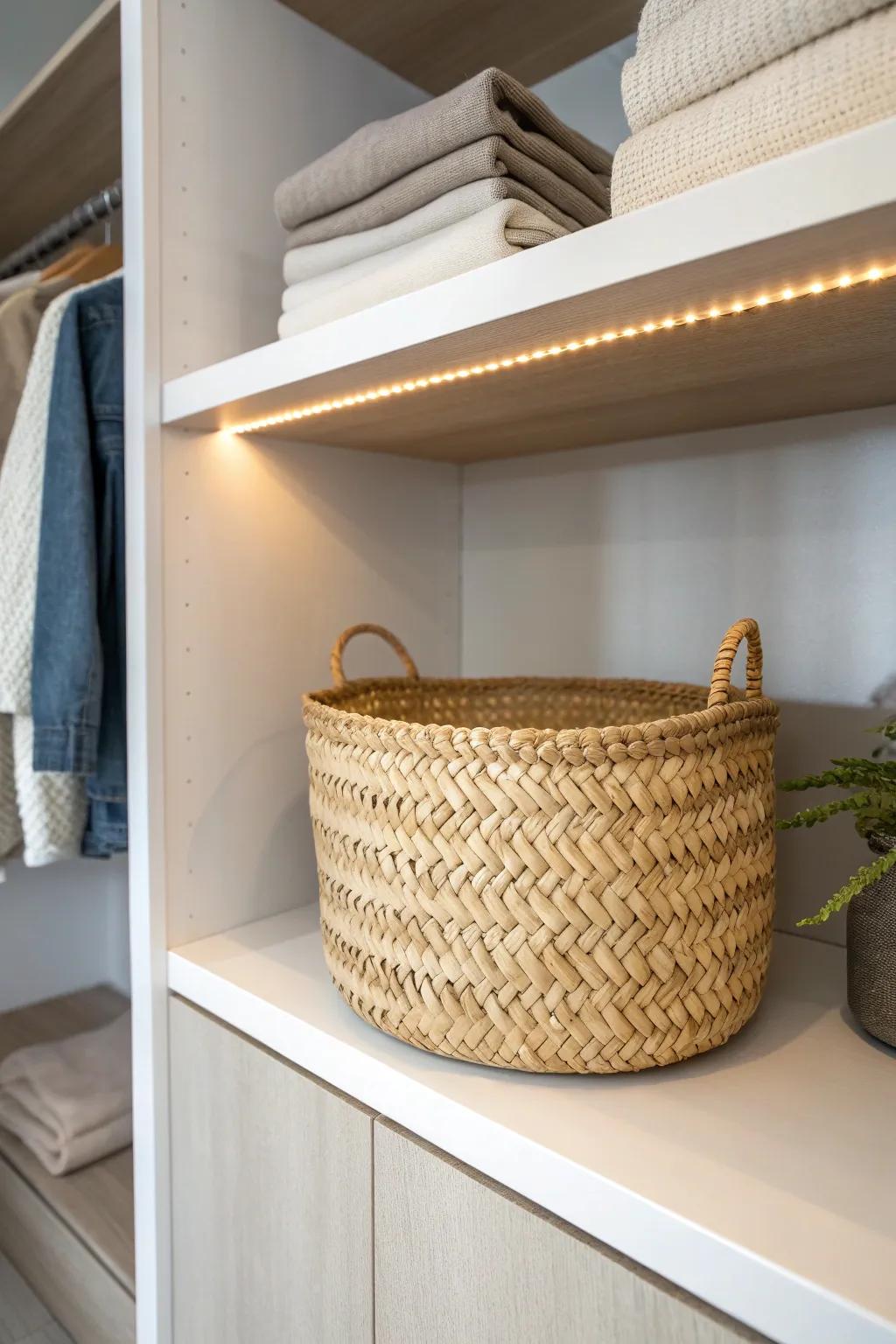 Under-shelf LED strips give your closet a boutique glow and reveal true colors instantly.