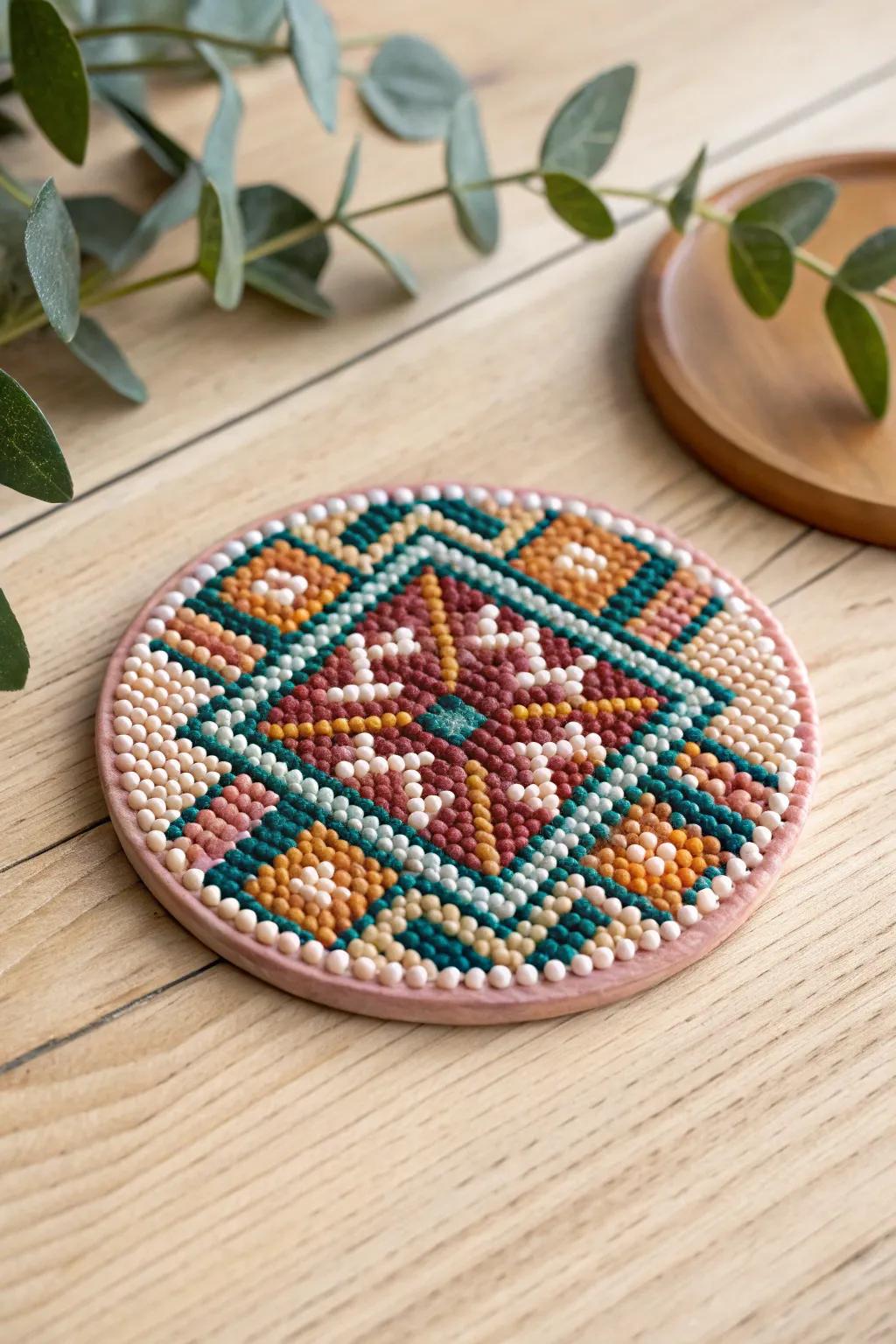 Embrace the beauty of boho chic with this handcrafted perler bead coaster, where simplicity meets artistic flair.
